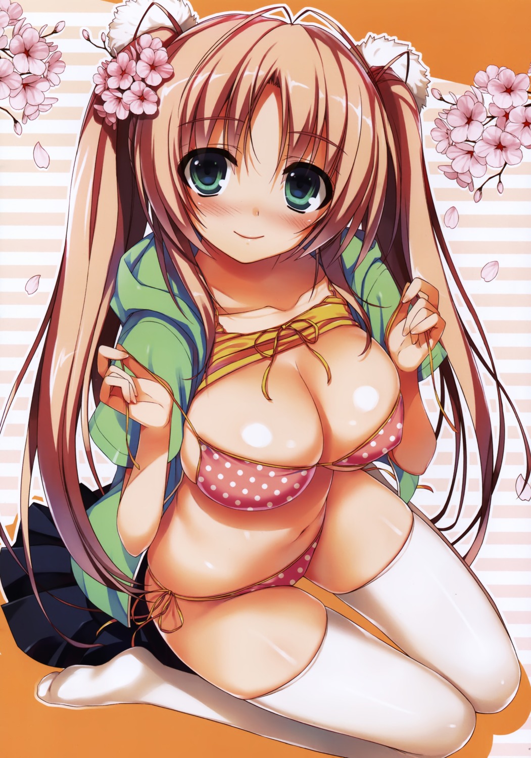 bikini cleavage open_shirt screening shirt_lift swimsuits thighhighs tomose_shunsaku underboob undressing