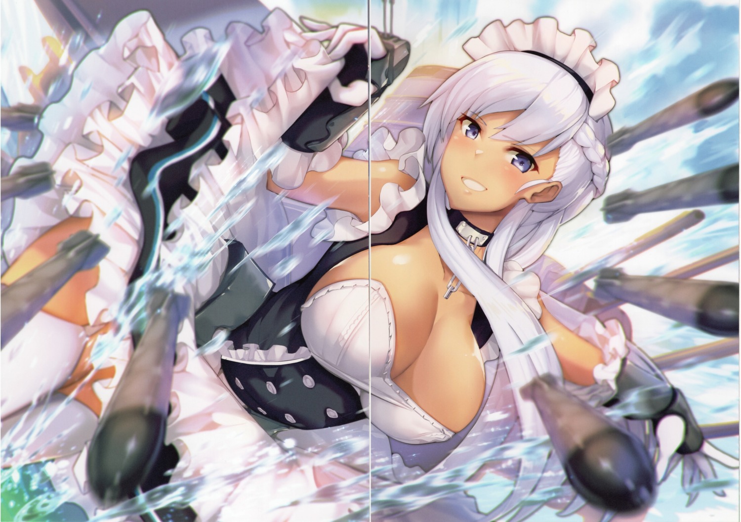 armadillo azur_lane belfast_(azur_lane) gap maid renji skirt_lift stockings thighhighs