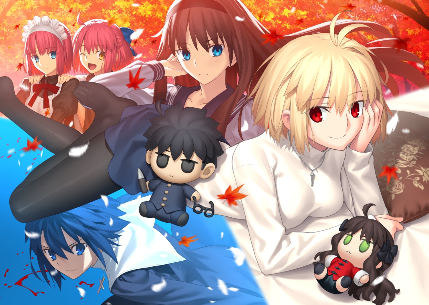 arcueid_brunestud arima_miyako chibi ciel hisui kohaku maid melty_blood pantyhose seifuku sweater takeuchi_takashi toono_akiha tsukihime