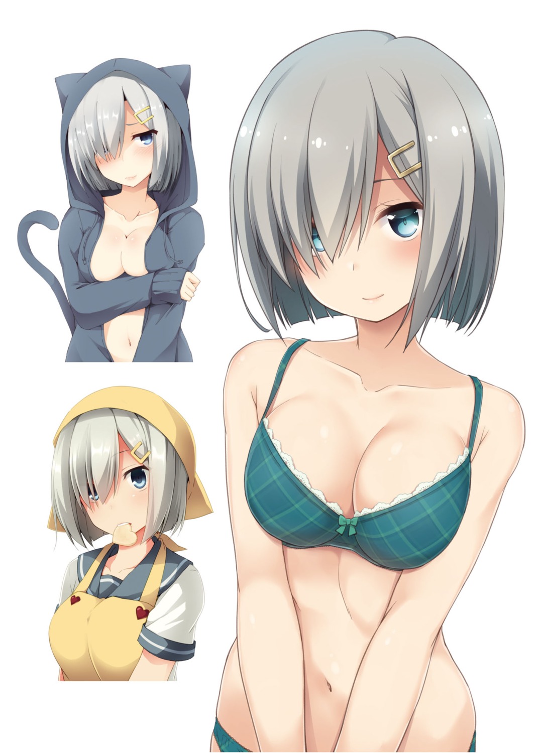 animal_ears bra breast_hold cleavage hamakaze_(kancolle) kantai_collection nagami_yuu no_bra open_shirt pantsu seifuku tail