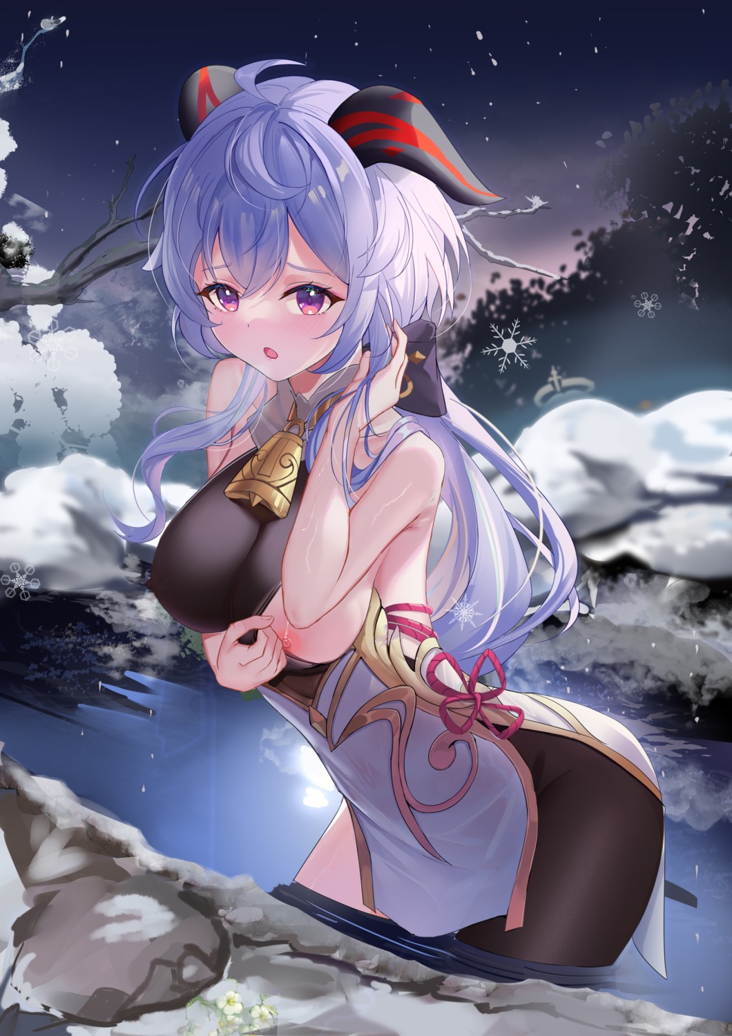 asian_clothes ganyu genshin_impact horns leotard nipples no_bra pantyhose see_through undressing wet zhongwu_chahui