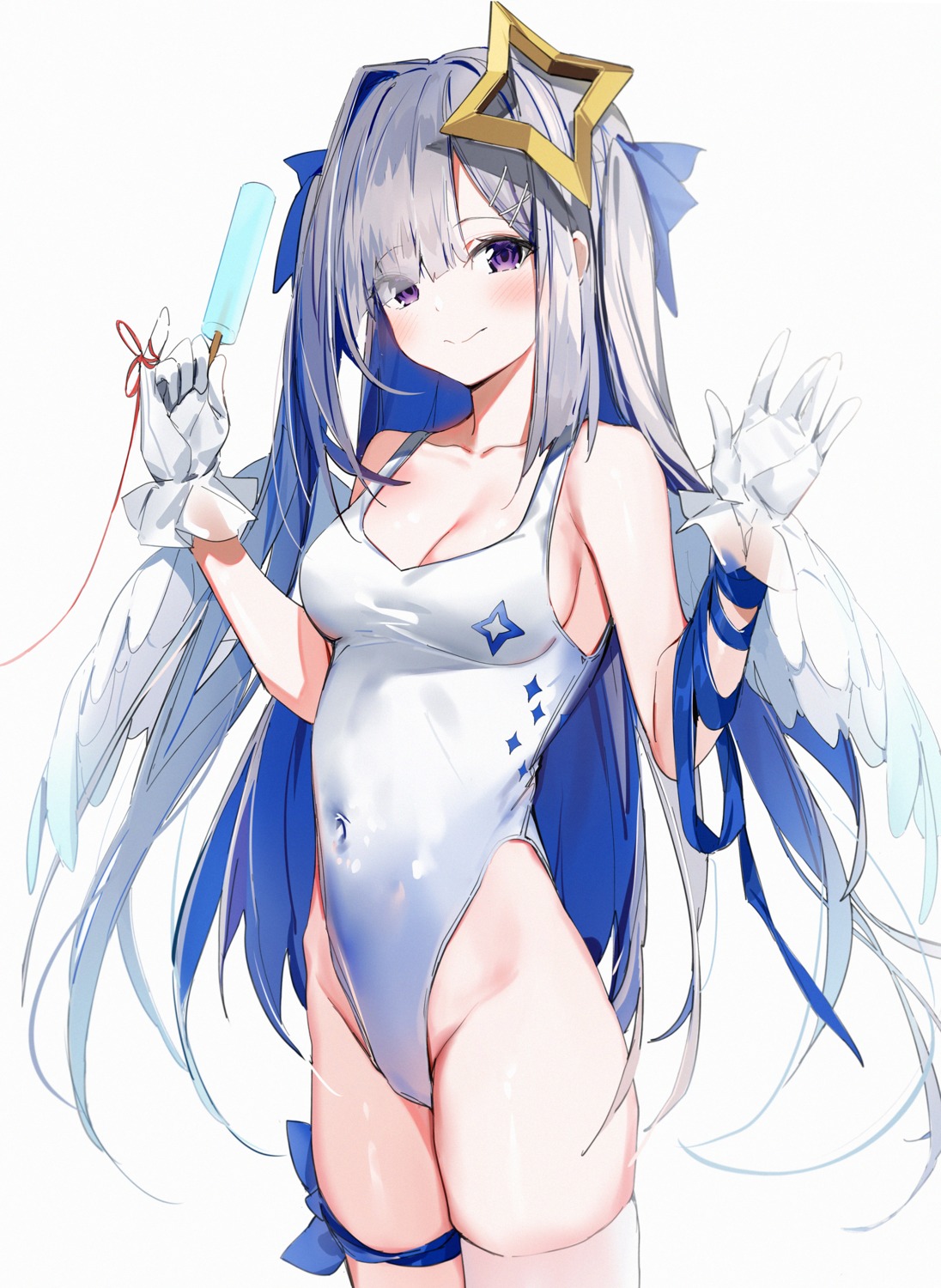 amane_kanata angel garter hololive silver_(chenwen) swimsuits thighhighs wings