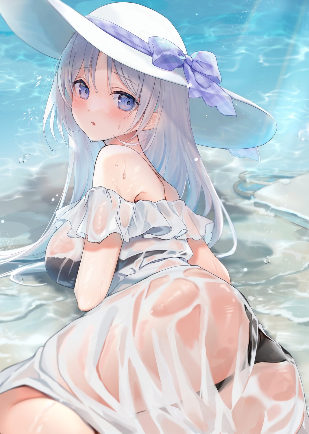 ass bra detexted dress pantsu see_through summer_dress thong wet wet_clothes yuge_(mkmk)