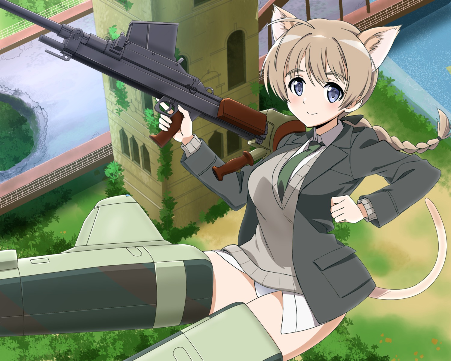 animal_ears gun lynette_bishop nekomimi pantsu seifuku strike_witches sweater tagme tail