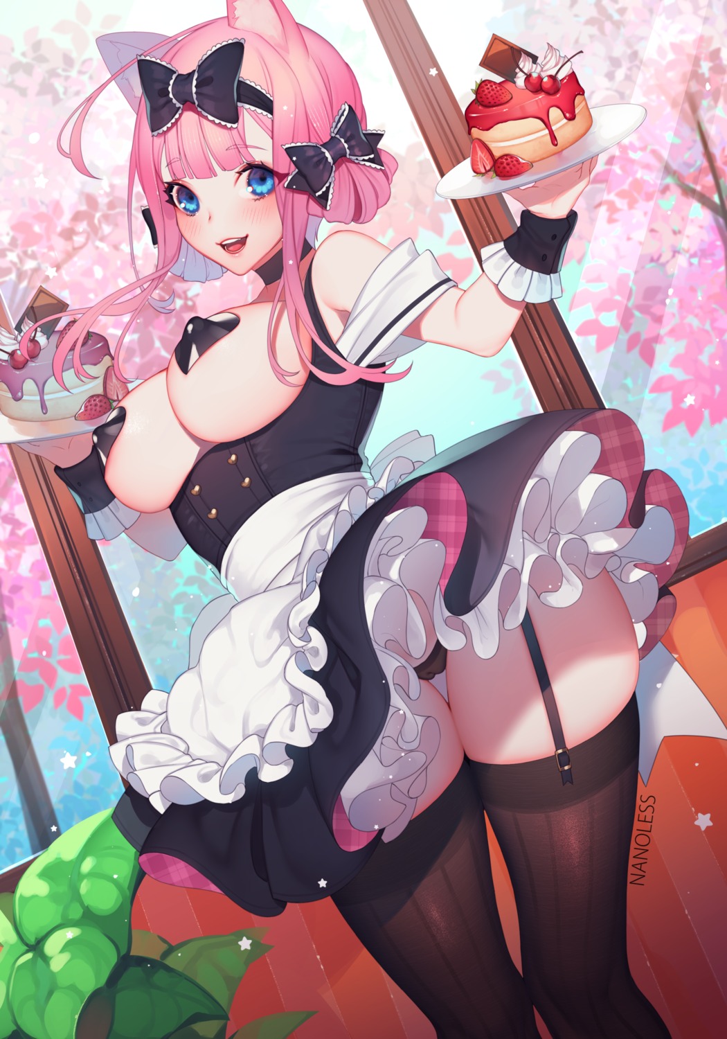 animal_ears breasts cameltoe erect_nipples fujiwara_chika kaguya-sama_wa_kokurasetai_~tensai-tachi_no_renai_zunousen~ nanoless nekomimi no_bra pantsu pasties skirt_lift stockings thighhighs waitress