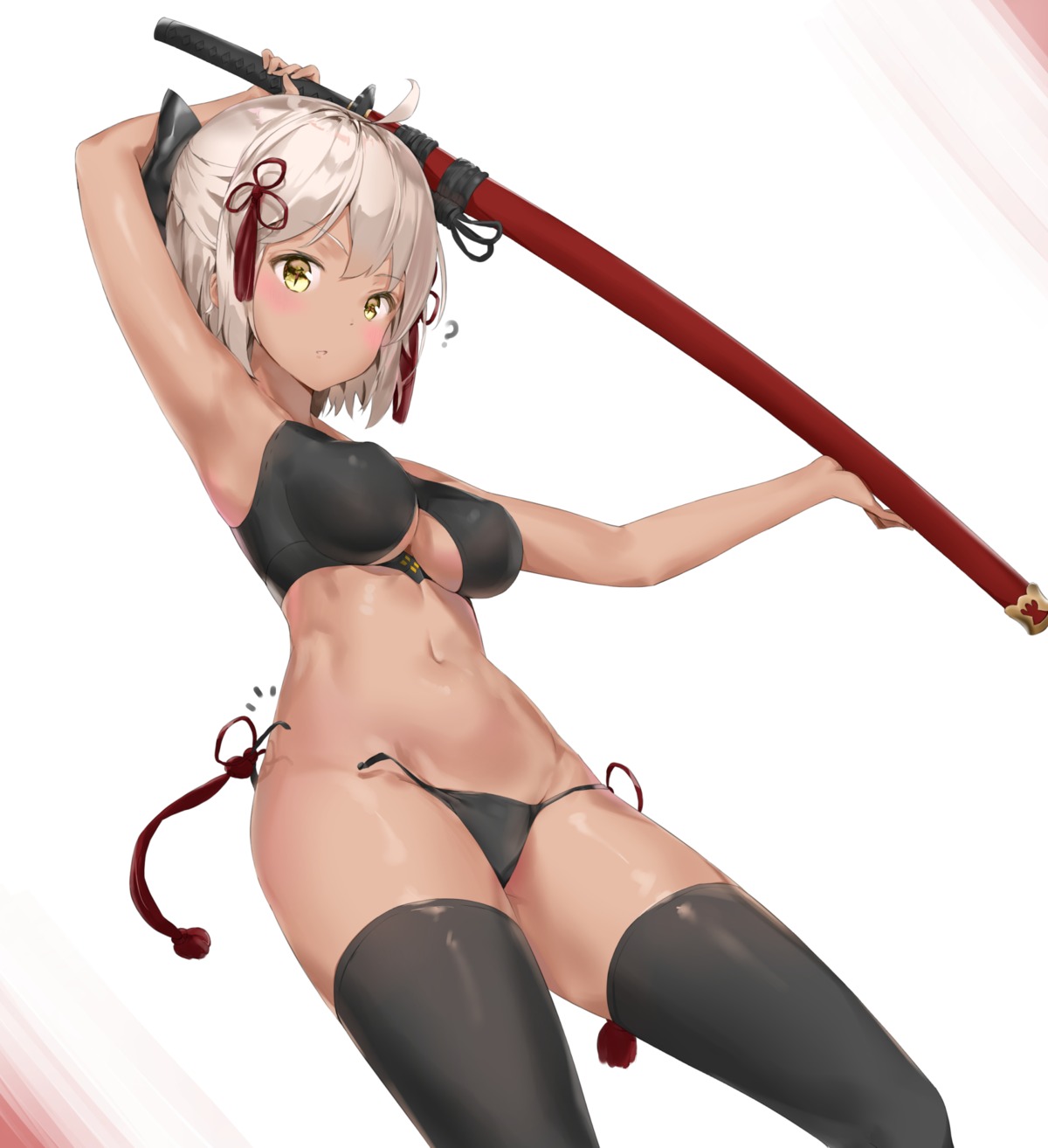 bra erect_nipples fate/grand_order okita_souji_(alter)_(fate) pantsu pixel_(yuxian) sword thighhighs wardrobe_malfunction weapon