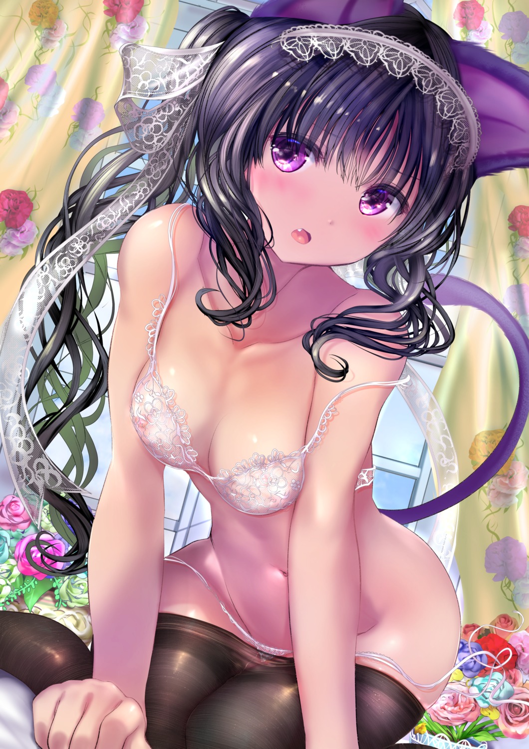 animal_ears bra nekomimi nipples ogata_tei pantsu panty_pull pantyhose see_through string_panties tail thighhighs wardrobe_malfunction