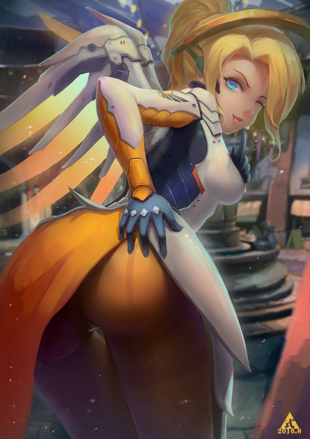 ass bodysuit cameltoe mercy_(overwatch) overwatch shizi_shizi wings