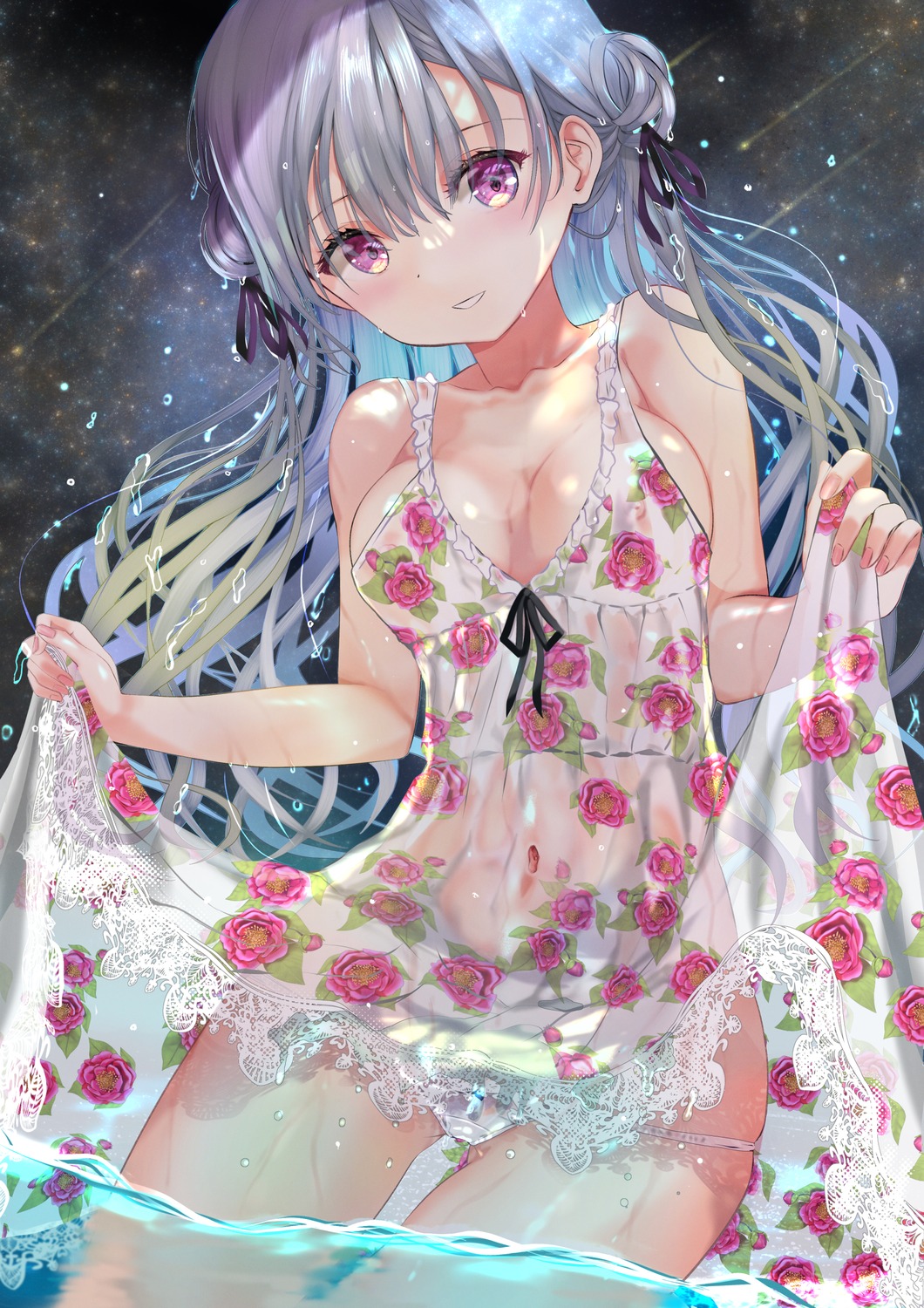 dress nipples no_bra ogata_tei pantsu see_through skirt_lift summer_dress wet wet_clothes