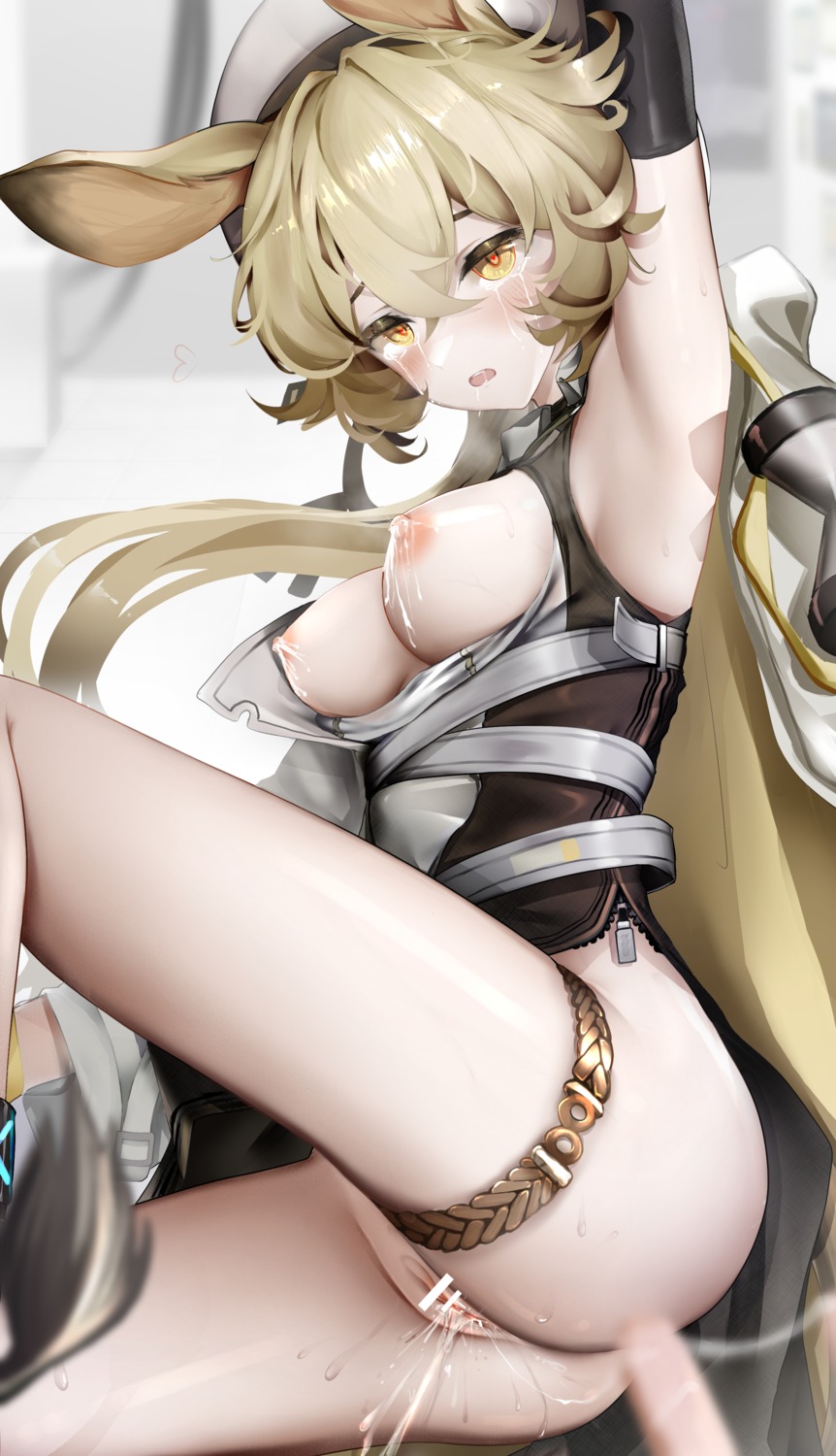 animal_ears arknights bottomless breasts censored dorothy_(arknights) epicnoob278 garter lactation nipples no_bra open_shirt pussy pussy_juice