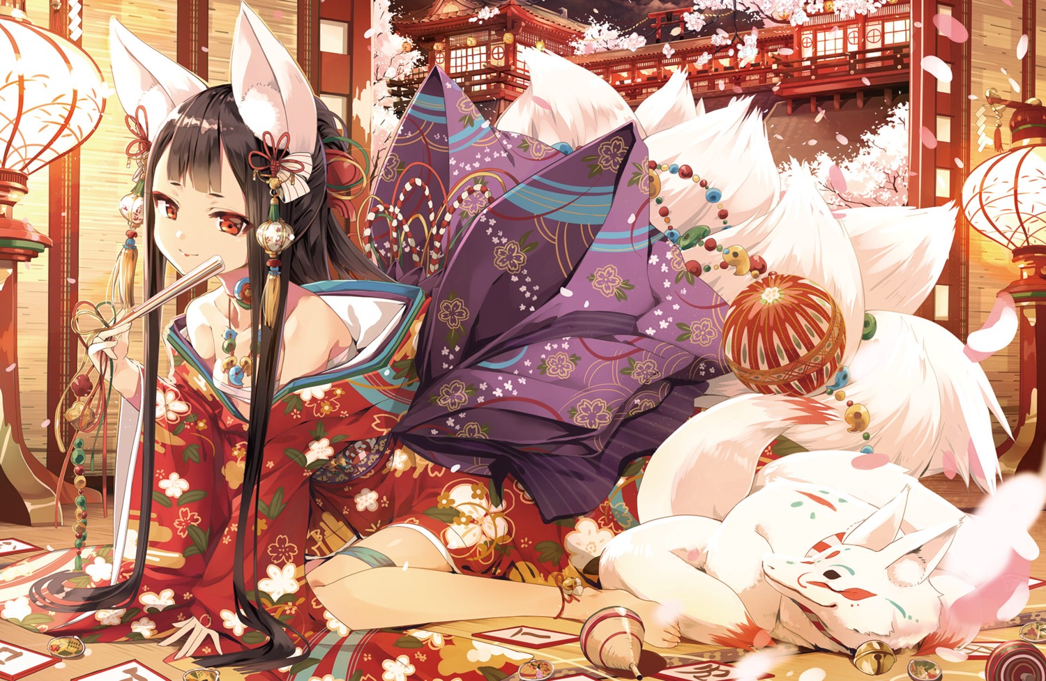 animal_ears cura kimono kitsune open_shirt sarashi tail wallpaper
