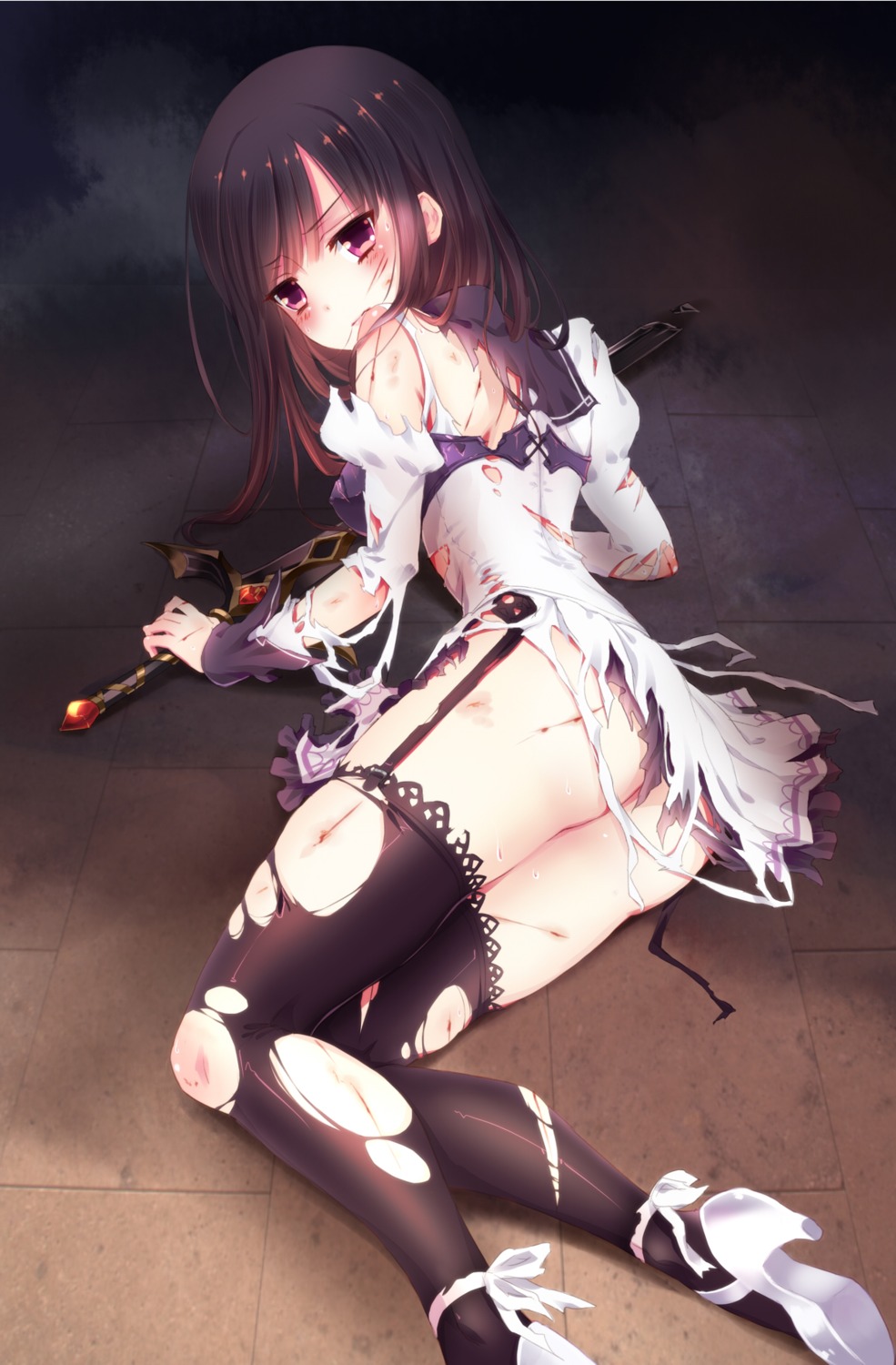 asnne217 blood garter_belt heels mabinogi nopan stockings sword thighhighs torn_clothes