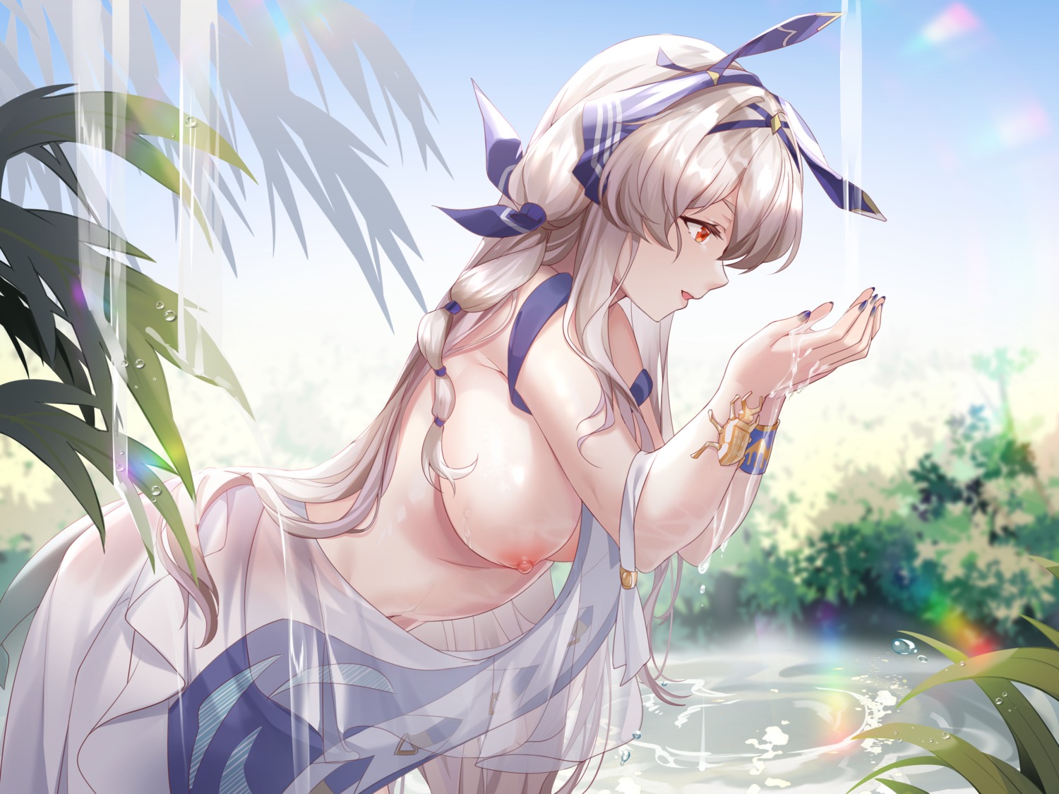 animal_ears arknights breasts bunny_ears lingshalan nipples no_bra see_through tail weedy_(arknights) wet