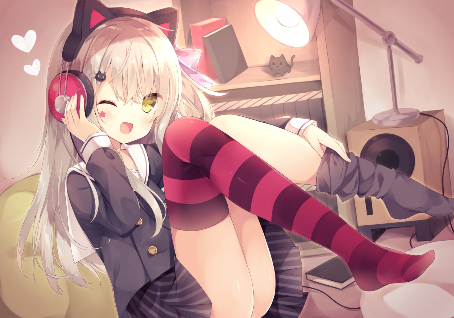 animal_ears feet headphones hoshi nekomimi seifuku skirt_lift thighhighs undressing