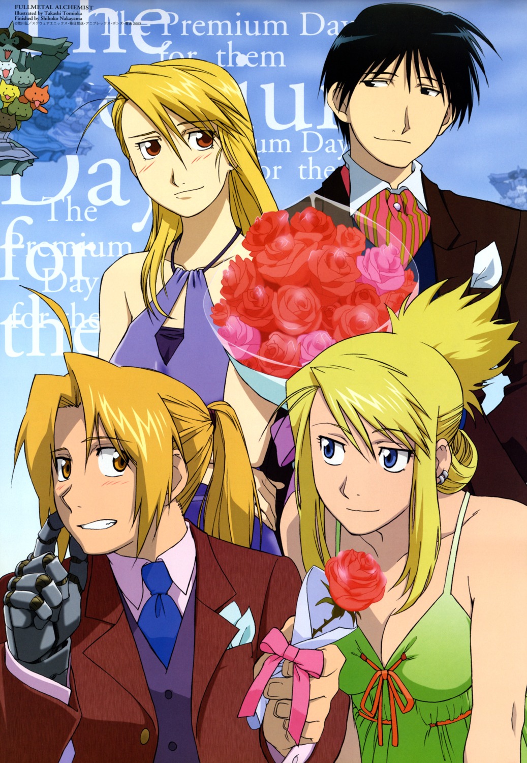 business_suit cleavage dress edward_elric fullmetal_alchemist riza_hawkeye roy_mustang tomioka_takashi winry_rockbell