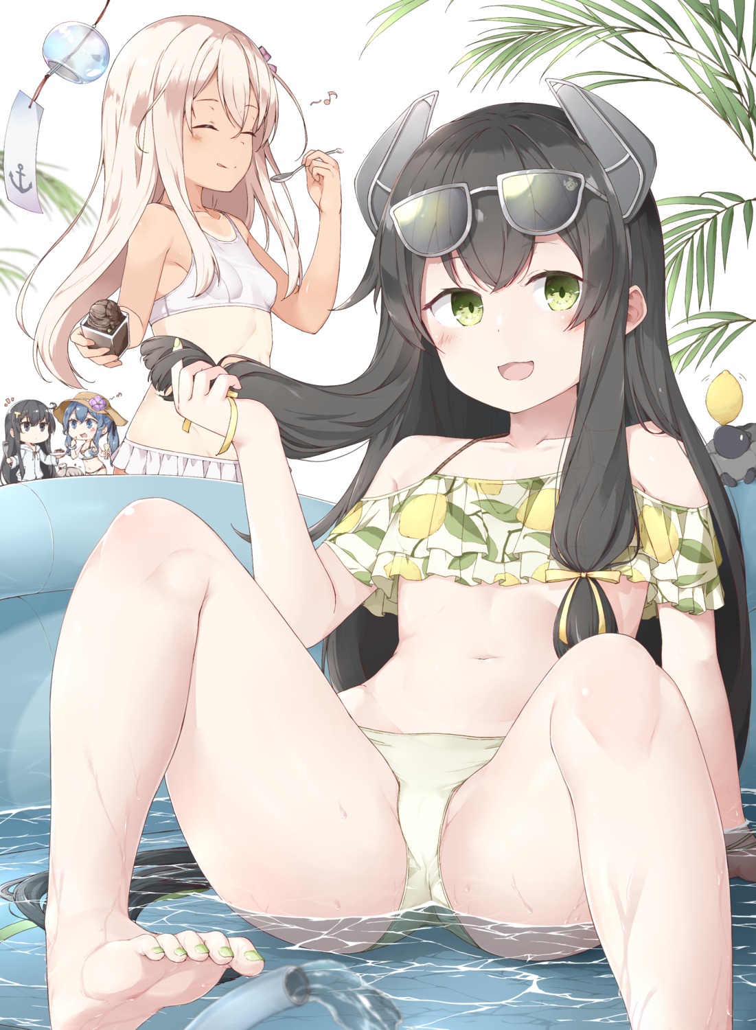 bikini cameltoe feet gotland_(kancolle) i-47_(kancolle) kantai_collection loli megane ro-500 swimsuits wet yui_(seiga)