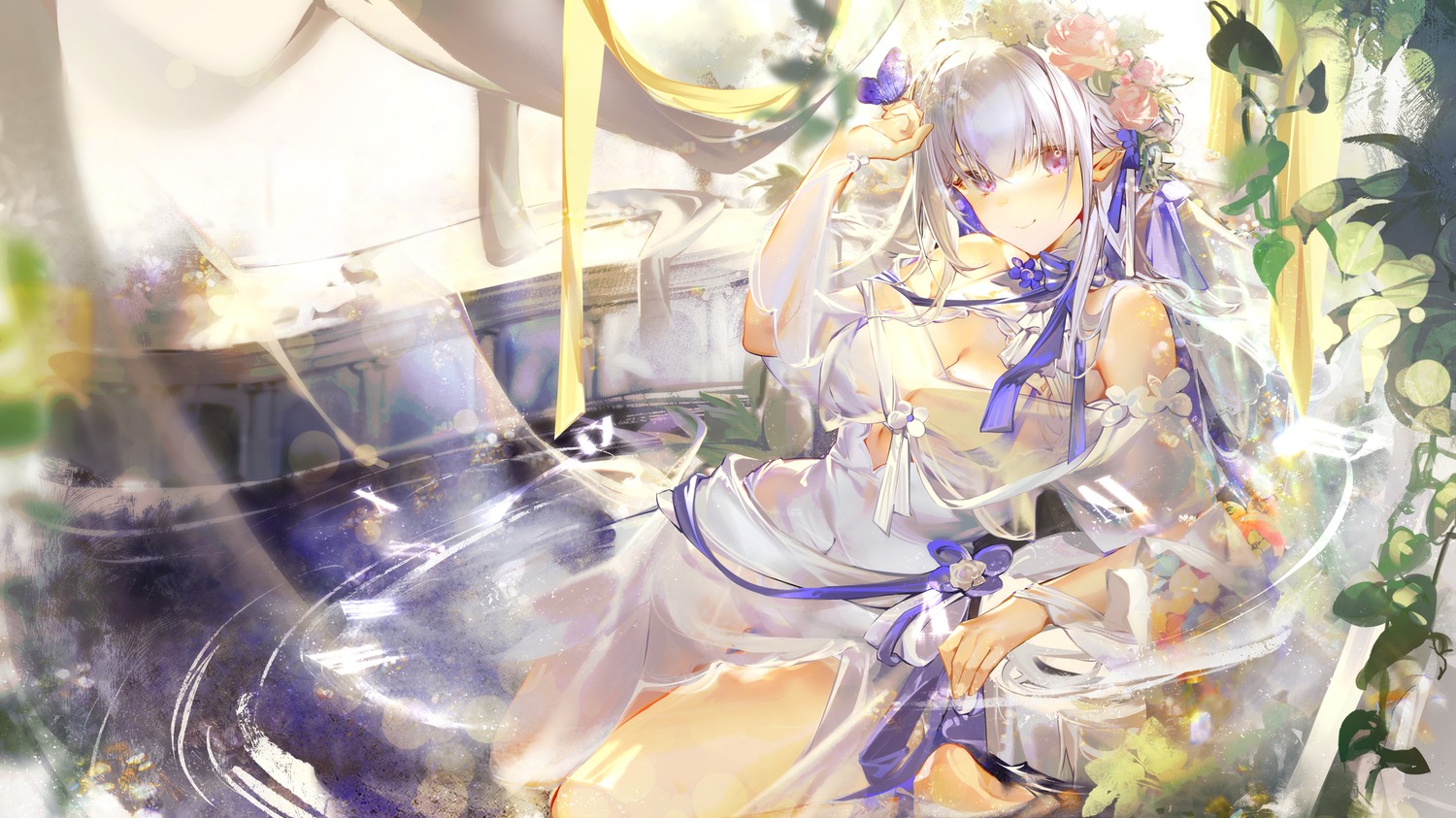 bathing cleavage dress miomaomiao pointy_ears rhea_(virtuareal) see_through wet wet_clothes