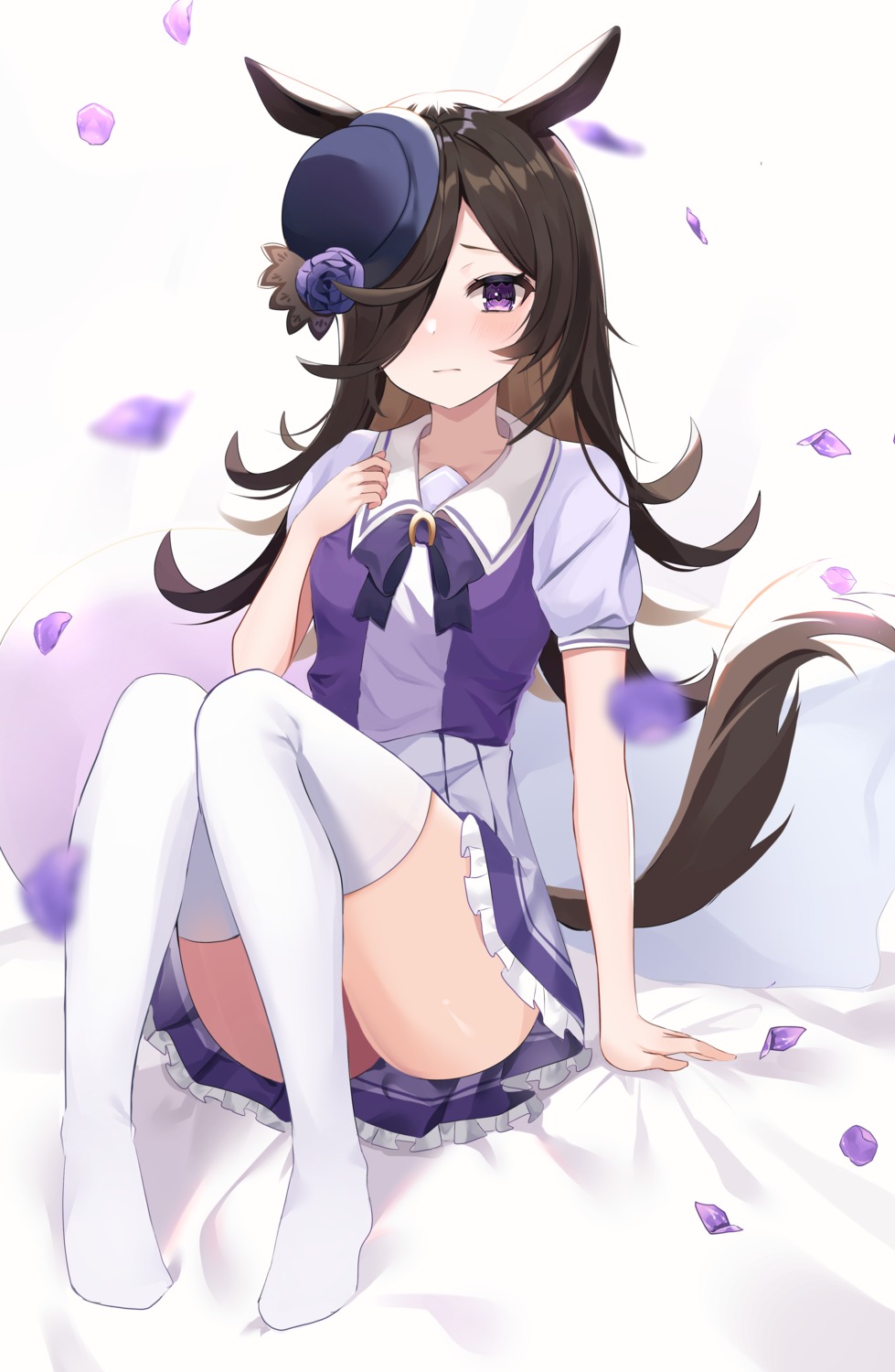 animal_ears feet nannung rice_shower_(umamusume) seifuku skirt_lift tail thighhighs uma_musume_pretty_derby