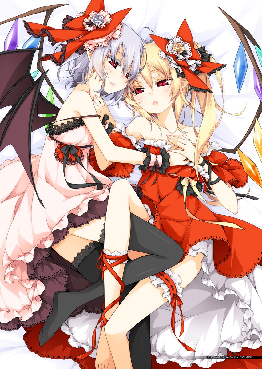 flandre_scarlet garter lolita_fashion pointy_ears reina_(black_spider) remilia_scarlet thighhighs touhou wings