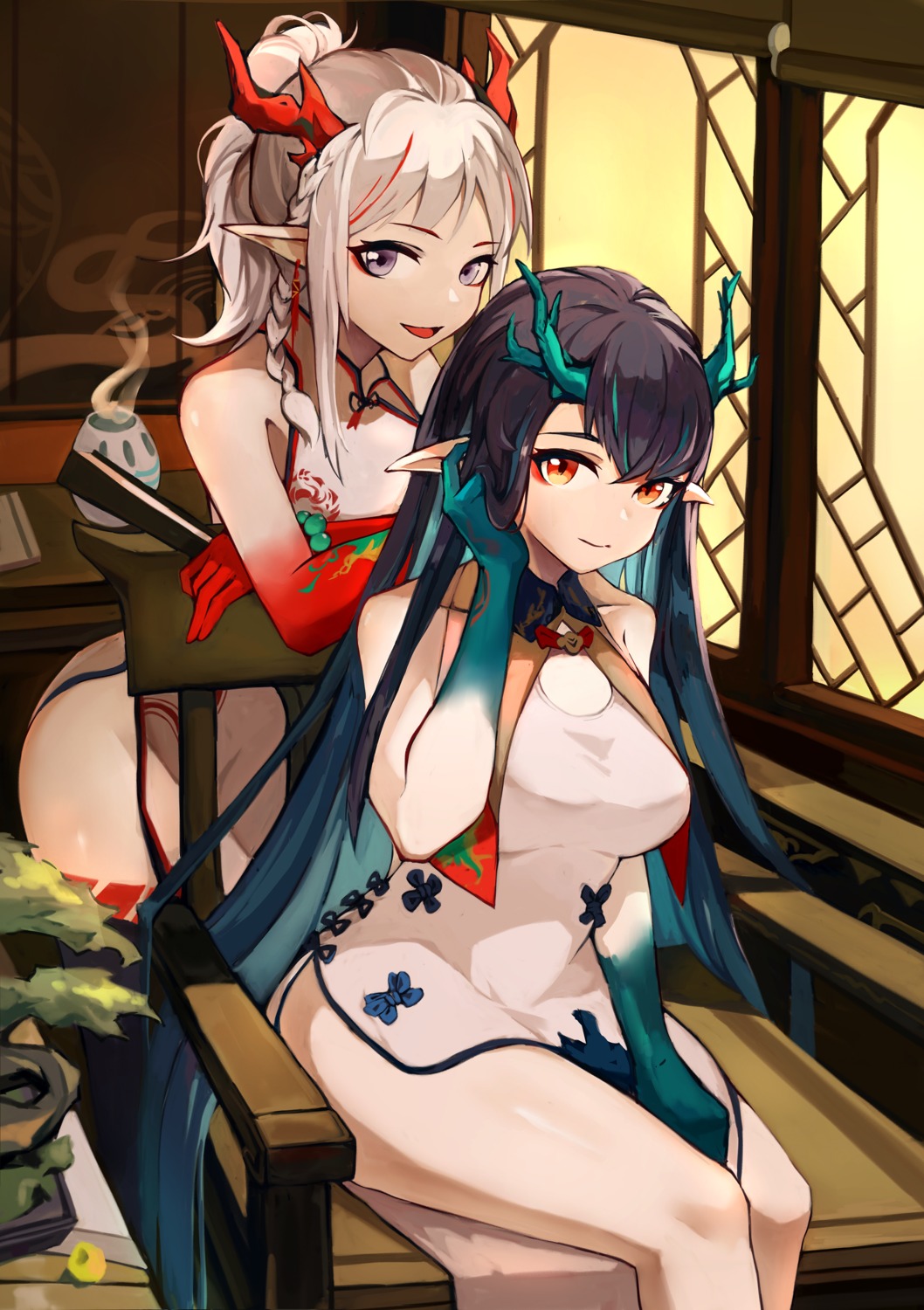 arknights chinadress clearhand dusk_(arknights) horns nian_(arknights) pointy_ears tattoo