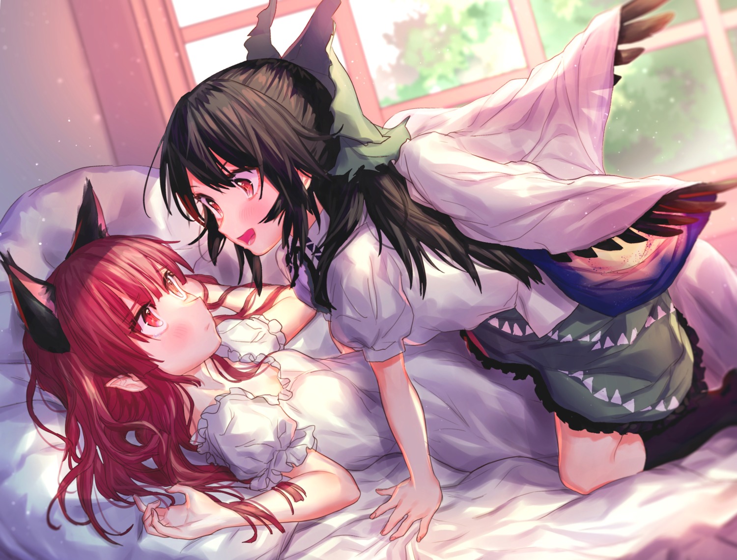 animal_ears cleavage dress kaenbyou_rin masanaga_(tsukasa) pointy_ears reiuji_utsuho touhou wings yuri