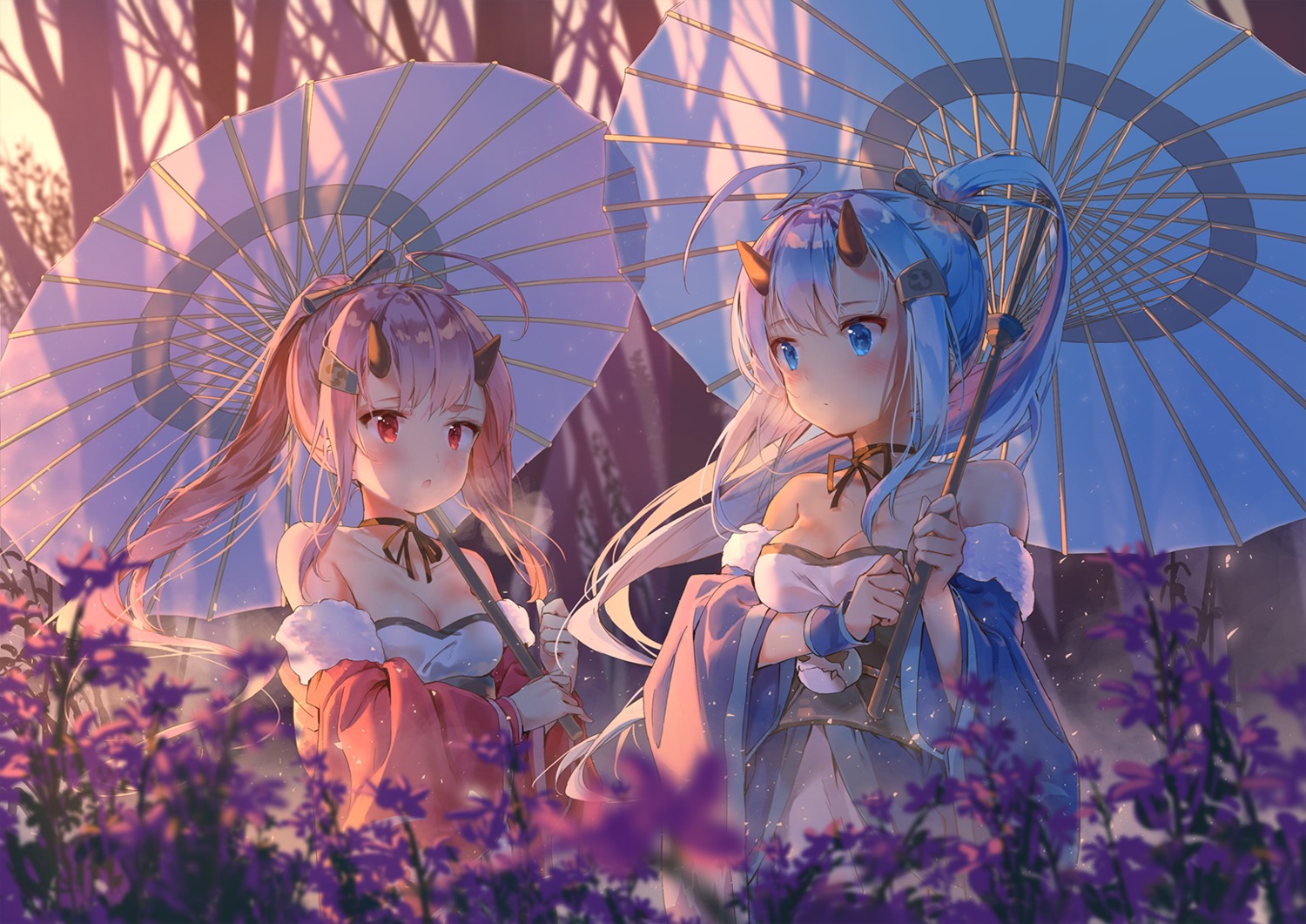 azur_lane cleavage daitai_sotogawa_(futomomo) horns ikazuchi_(azur_lane) inazuma_(azur_lane) japanese_clothes umbrella