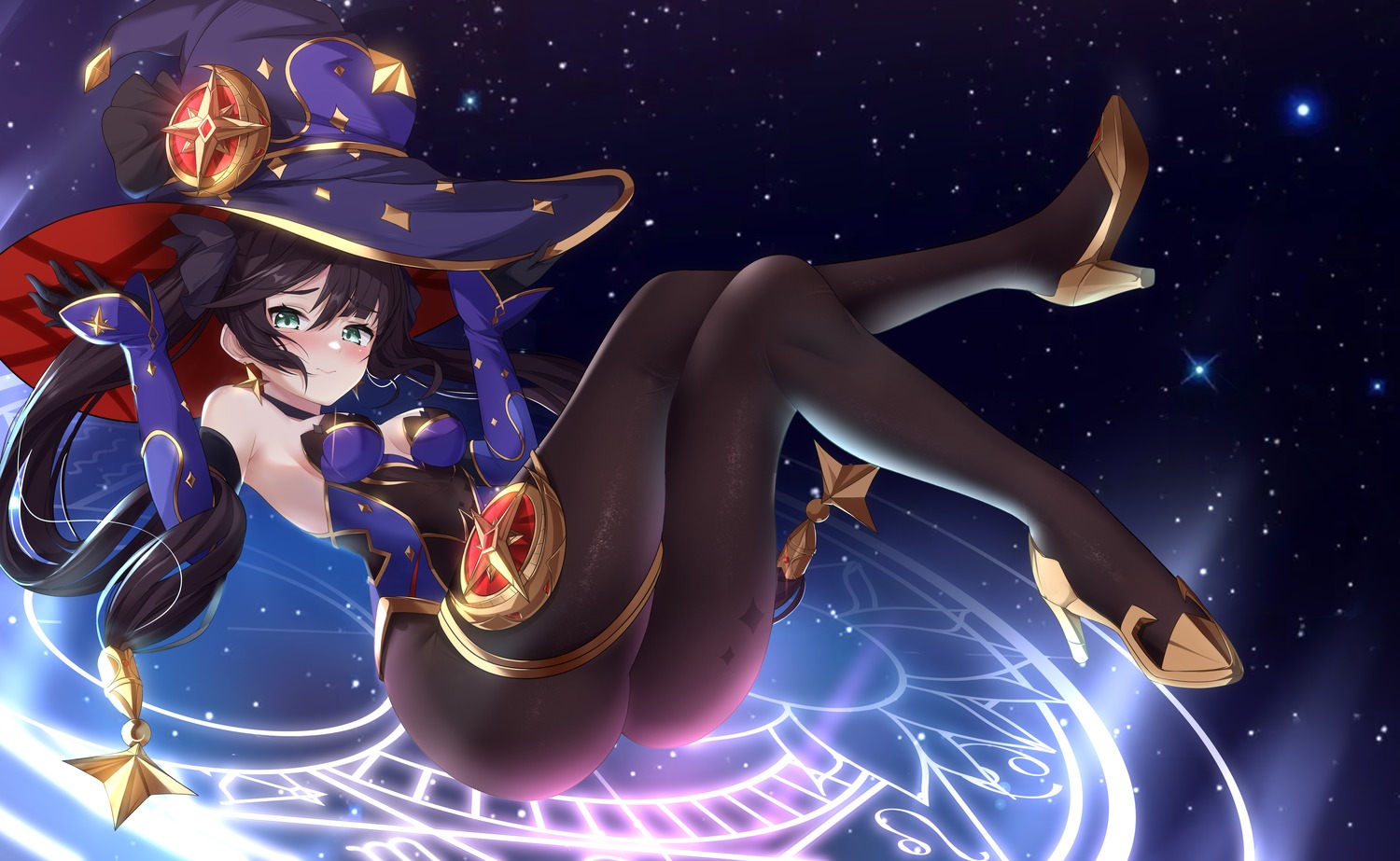 garter geez genshin_impact heels leotard mona_megistus no_bra pantyhose witch