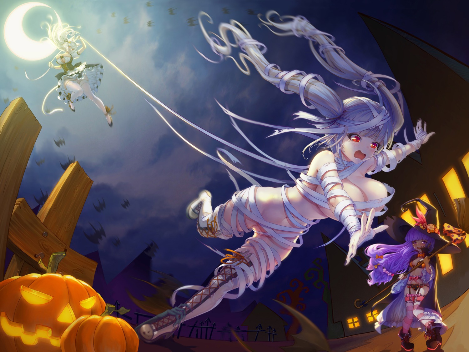 animal_ears azur_lane bandages belfast_(azur_lane) bra formidable_(azur_lane) halloween maid naked_ribbon nekomimi open_shirt pantsu skirt_lift stockings tagme tail thighhighs unicorn_(azur_lane) weapon witch