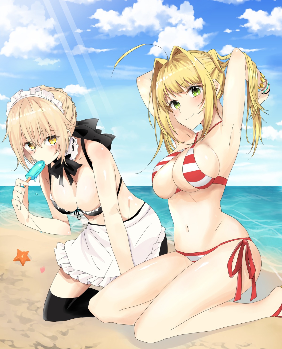 bikini cleavage fate/grand_order kikurage maid saber saber_alter saber_extra swimsuits thighhighs