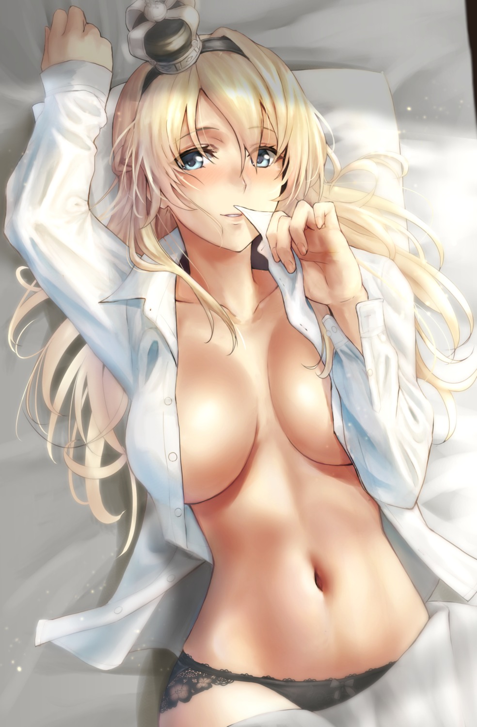 breast_hold dress_shirt kantai_collection kokuzou no_bra open_shirt pantsu see_through sheets warspite_(kancolle)