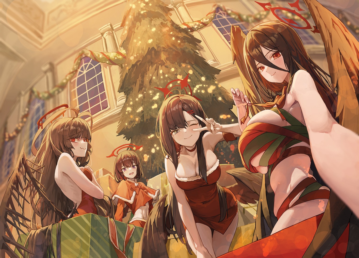 angel blue_archive christmas dress halo hanekawa_hasumi kenzaki_tsurugi m.q_(mqkyrie) nakamasa_ichika naked_ribbon no_bra shizuyama_mashiro wings