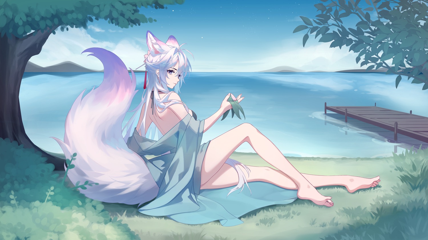 animal_ears japanese_clothes kirby_d_a kitsune no_bra open_shirt tail