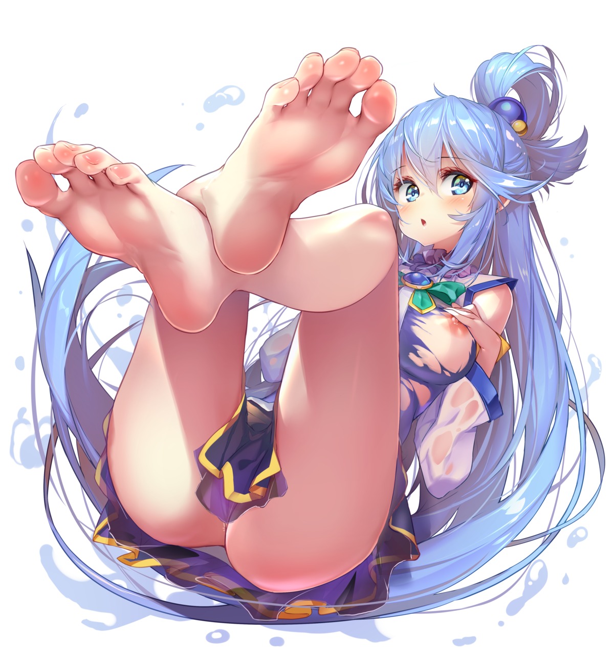 anus aqua_(kono_subarashii_sekai_ni_shukufuku_wo!) feet hong_(white_spider) kono_subarashii_sekai_ni_shukufuku_wo! nipples no_bra nopan pussy see_through skirt_lift torn_clothes uncensored wet wet_clothes