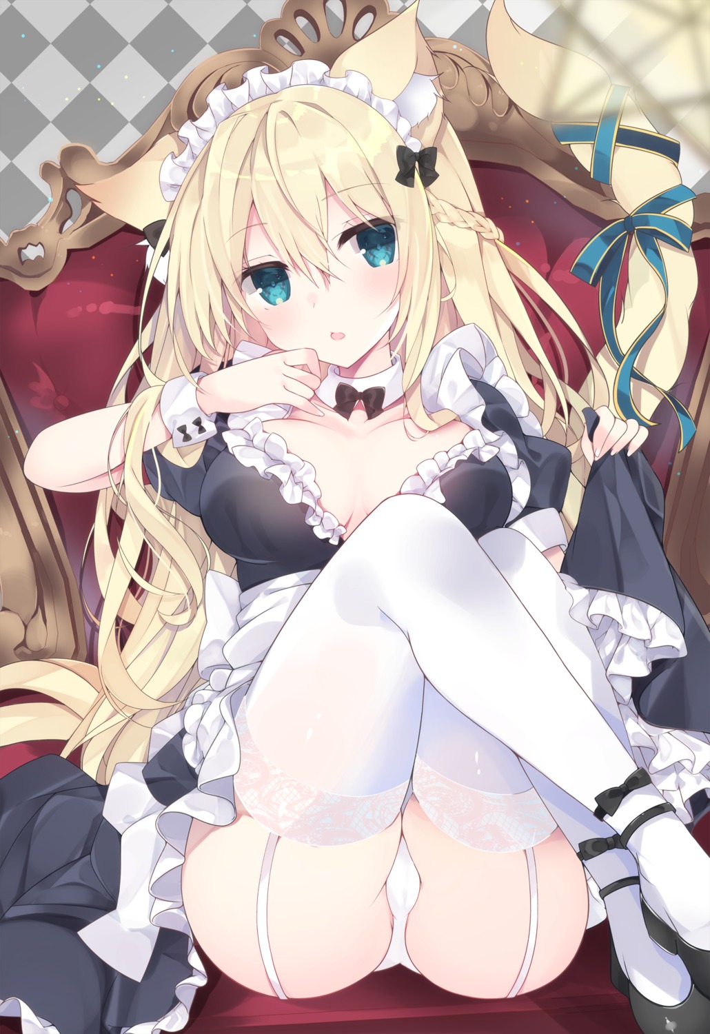 animal_ears cameltoe cleavage heels maid nekomimi no_bra pantsu satsuki_mayuri skirt_lift stockings tail thighhighs