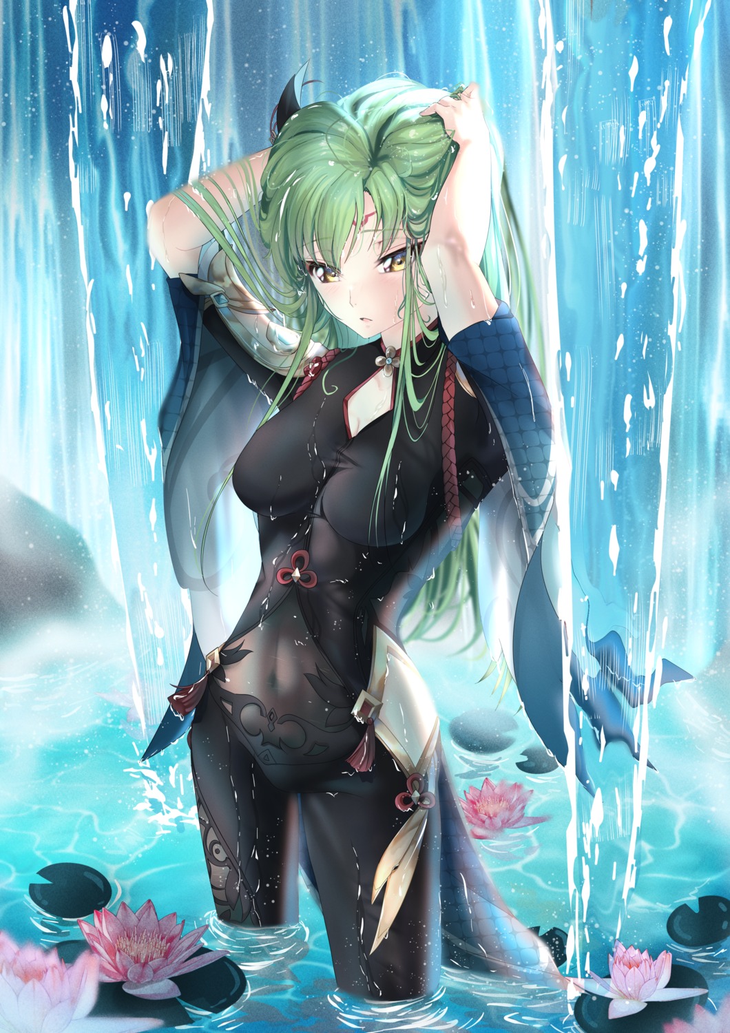 bodysuit budgie c.c. code_geass cosplay genshin_impact see_through shenhe tattoo wet wet_clothes