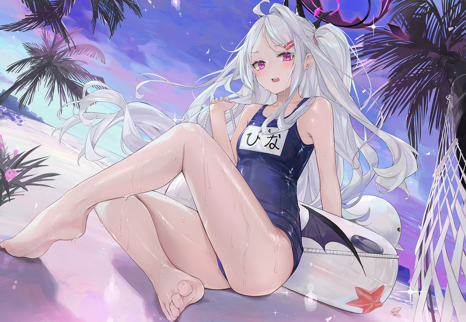 blue_archive cameltoe dema_hmw devil feet halo horns loli school_swimsuit sorasaki_hina swimsuits thong wet wings