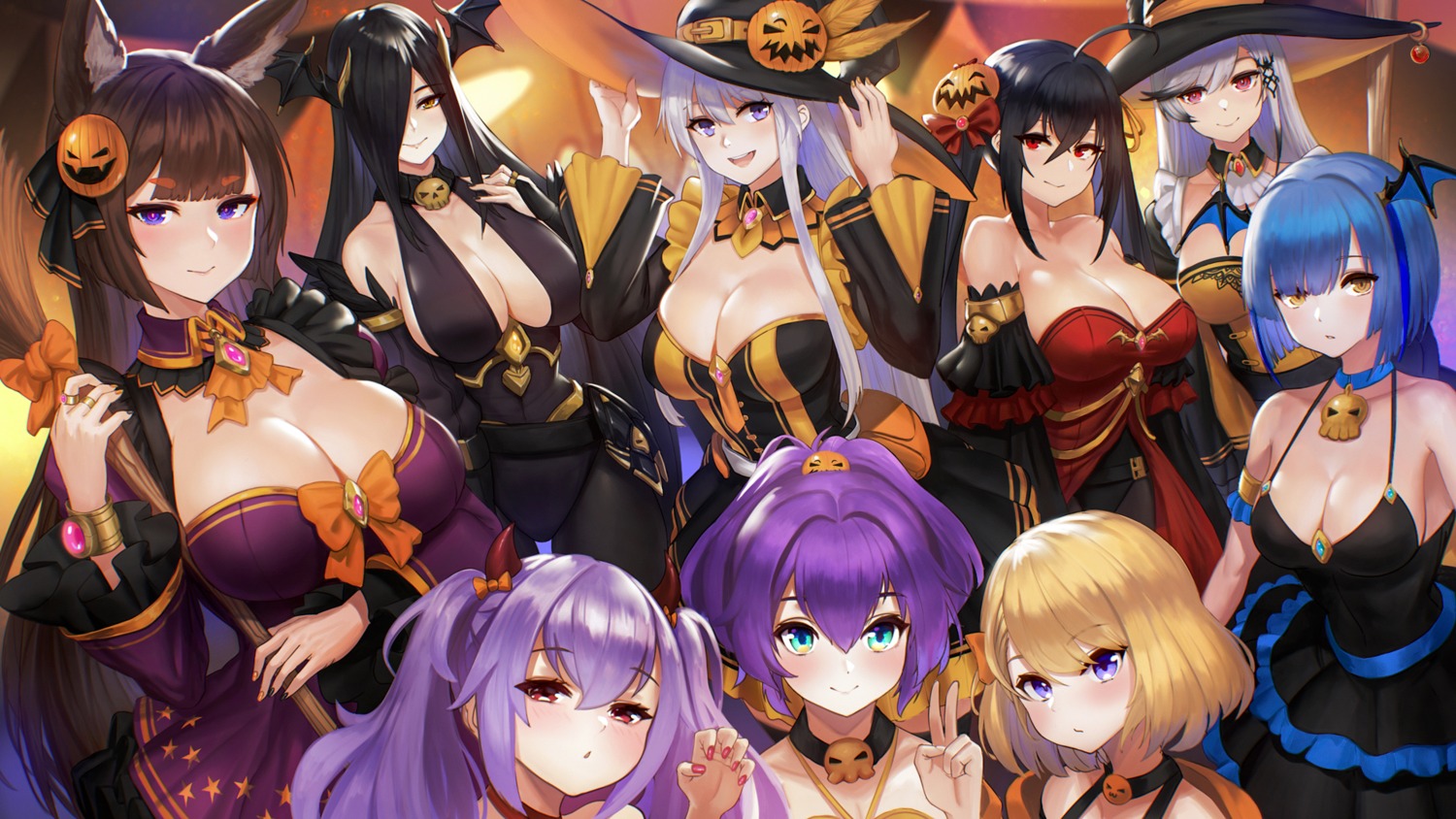 amagi_(azur_lane) animal_ears azur_lane cleavage dress dunkerque_(azur_lane) edward_montenegro enterprise_(azur_lane) friedrich_der_grosse_(azur_lane) gascogne_(azur_lane) halloween horns javelin_(azur_lane) kitsune laffey_(azur_lane) no_bra pantyhose taihou_(azur_lane) wallpaper wings witch z23_(azur_lane)