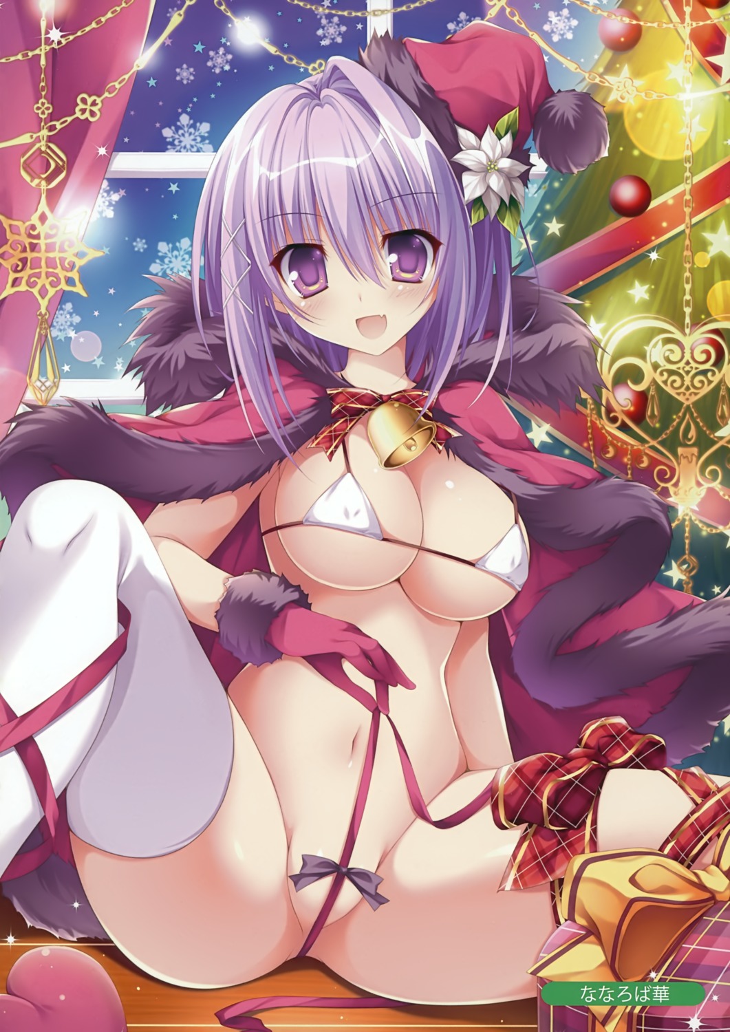 bikini_top bottomless christmas erect_nipples nanaroba_hana swimsuits thighhighs