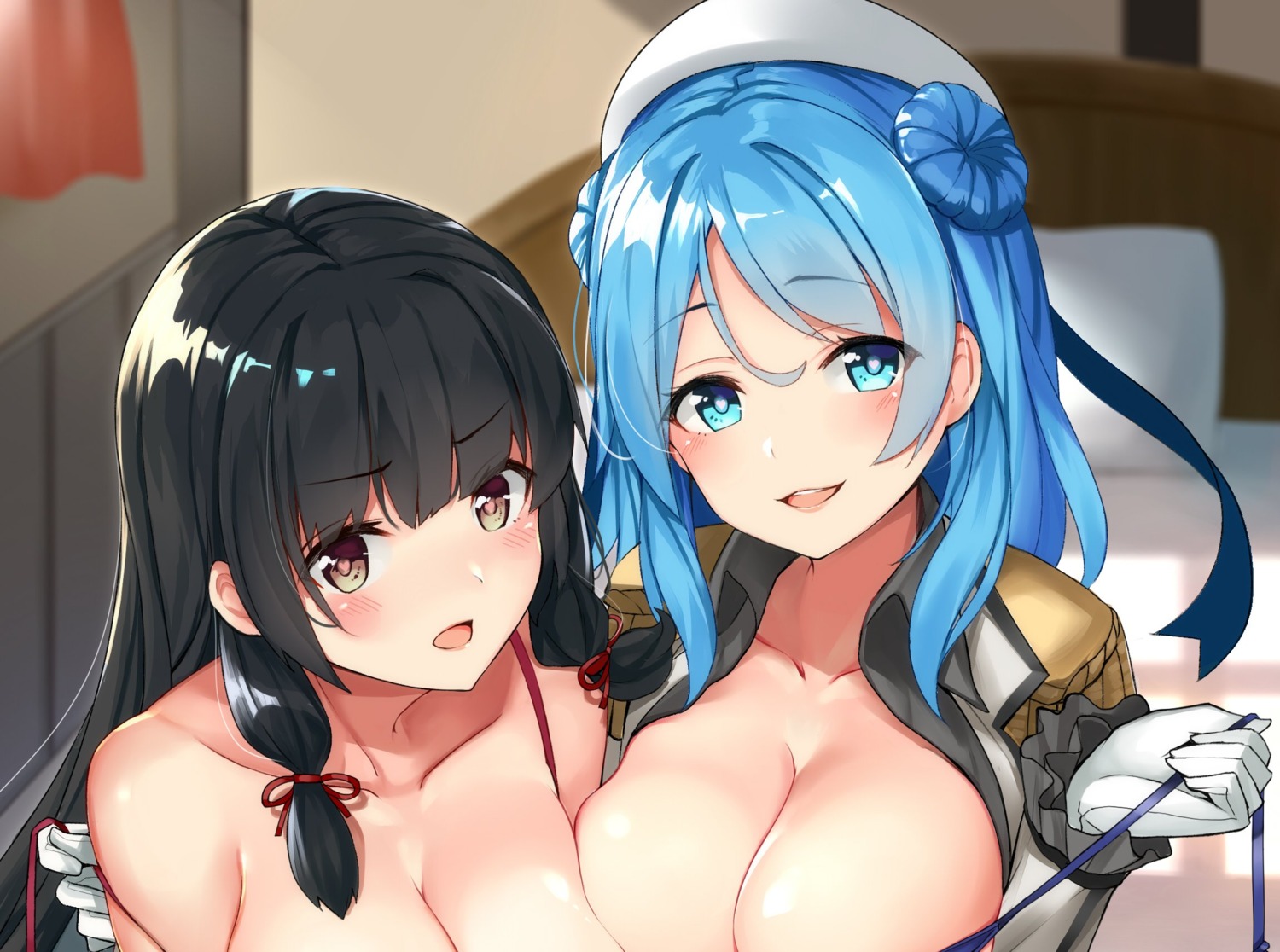 bra isokaze_(kancolle) kantai_collection monoto open_shirt undressing uniform urakaze_(kancolle)