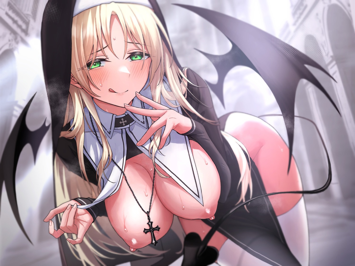 breasts devil kamatsuka nipples no_bra nopan nun tail thighhighs wings