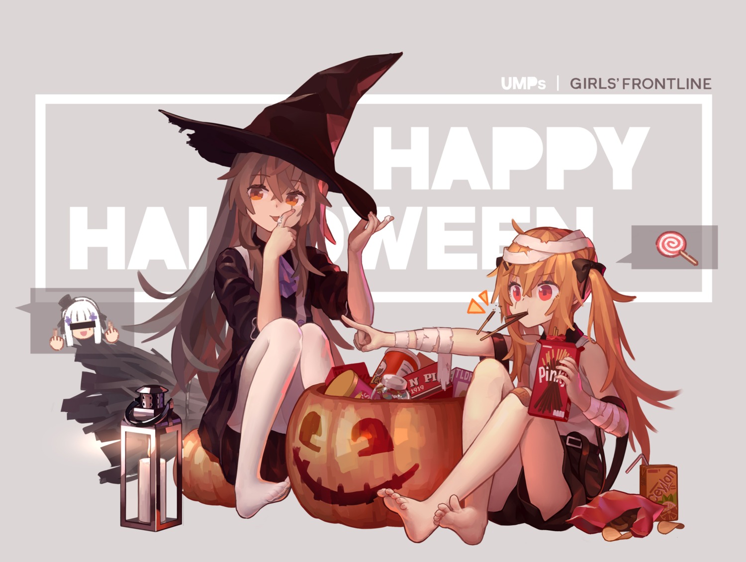 bandages cream dress feet girls_frontline halloween hk416_(girls_frontline) pantyhose skirt_lift tianliang_duohe_fangdongye ump45_(girls_frontline) ump9_(girls_frontline) witch