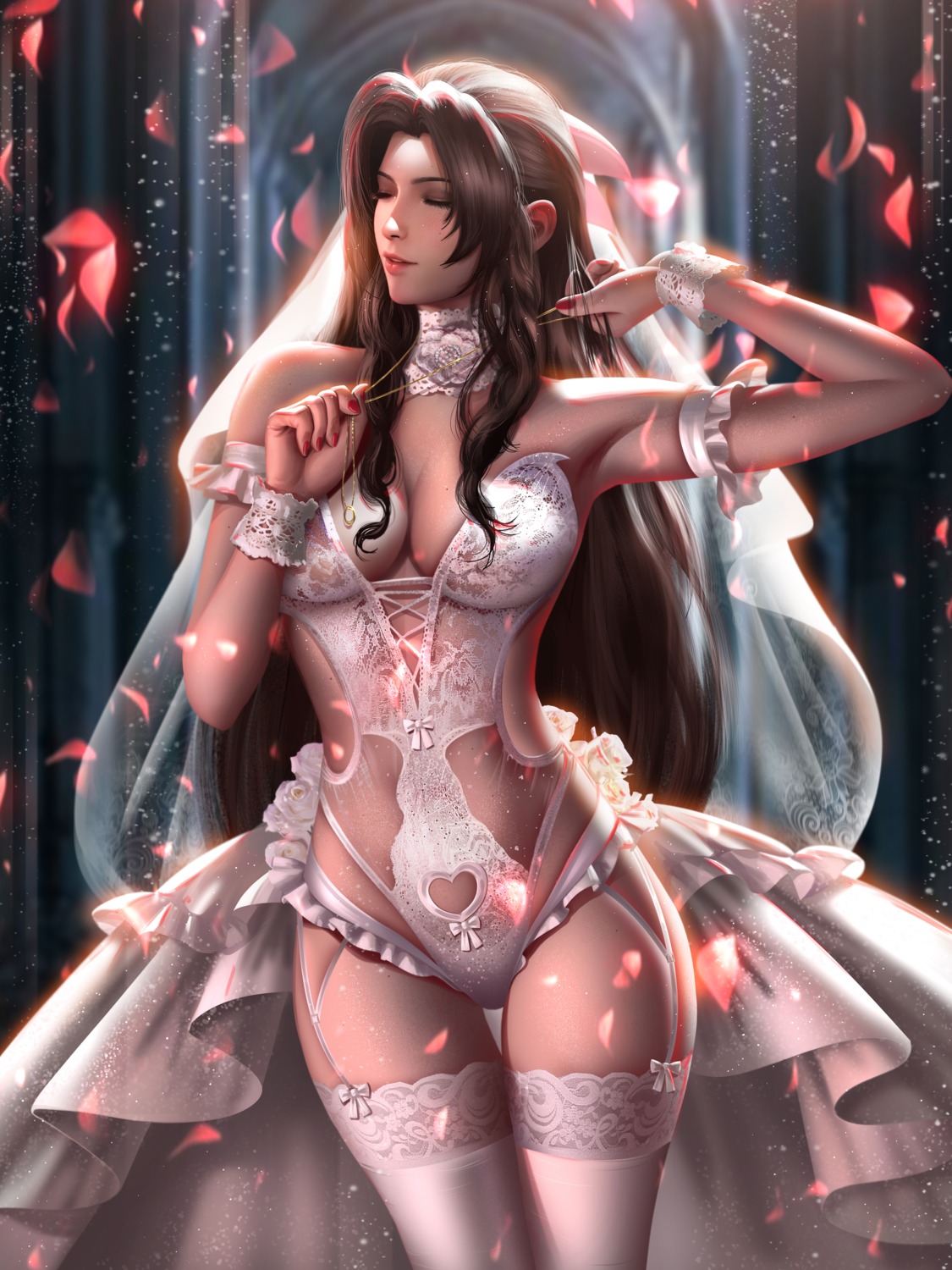 aerith_gainsborough cleavage final_fantasy final_fantasy_vii liang_xing lingerie no_bra see_through stockings thighhighs