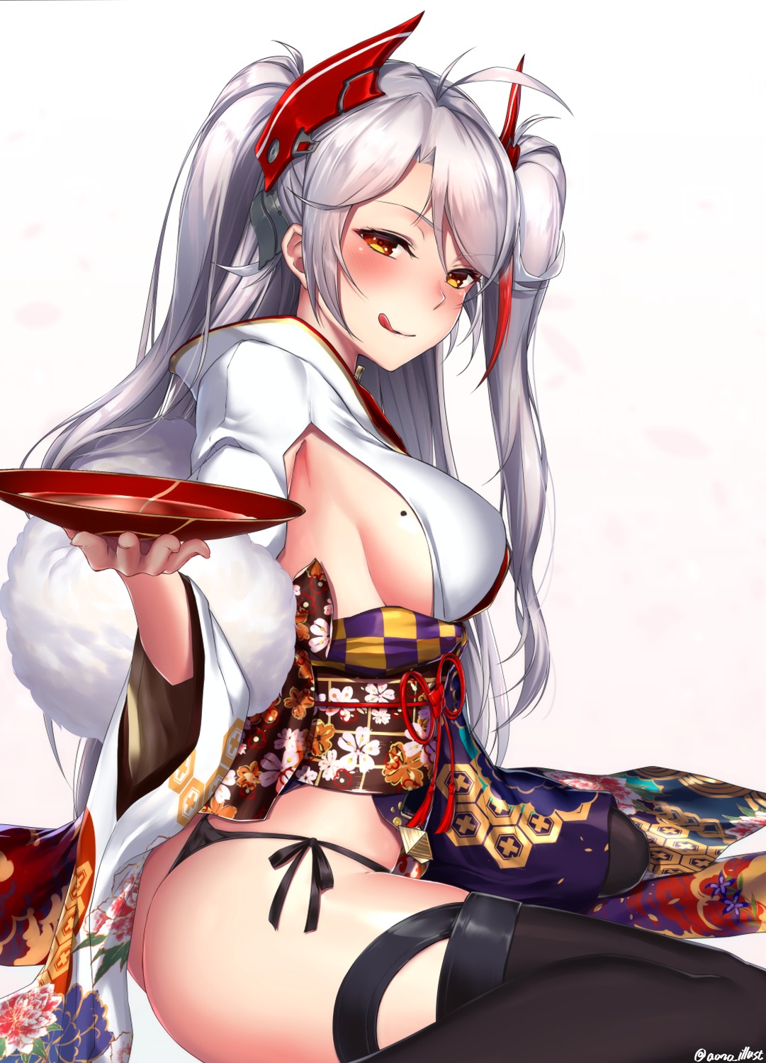 aono_meri ass azur_lane japanese_clothes pantsu prinz_eugen_(azur_lane) string_panties thighhighs thong