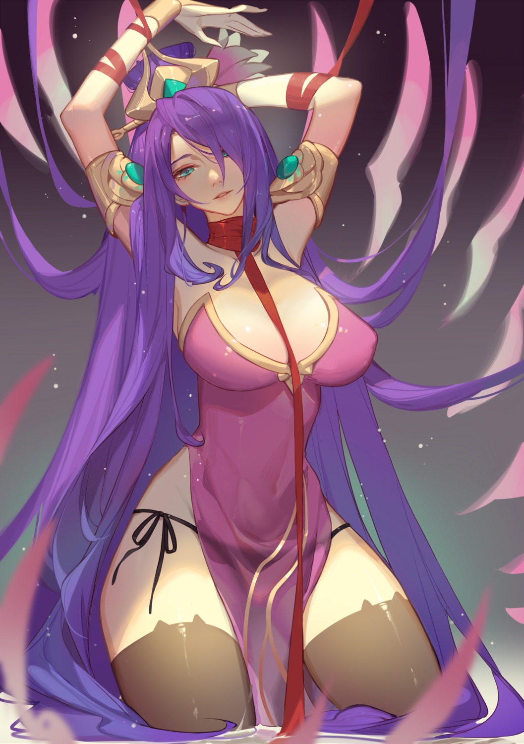 dress erect_nipples irelia_(league_of_legends) league_of_legends no_bra pantsu see_through songjikyo string_panties thighhighs wet