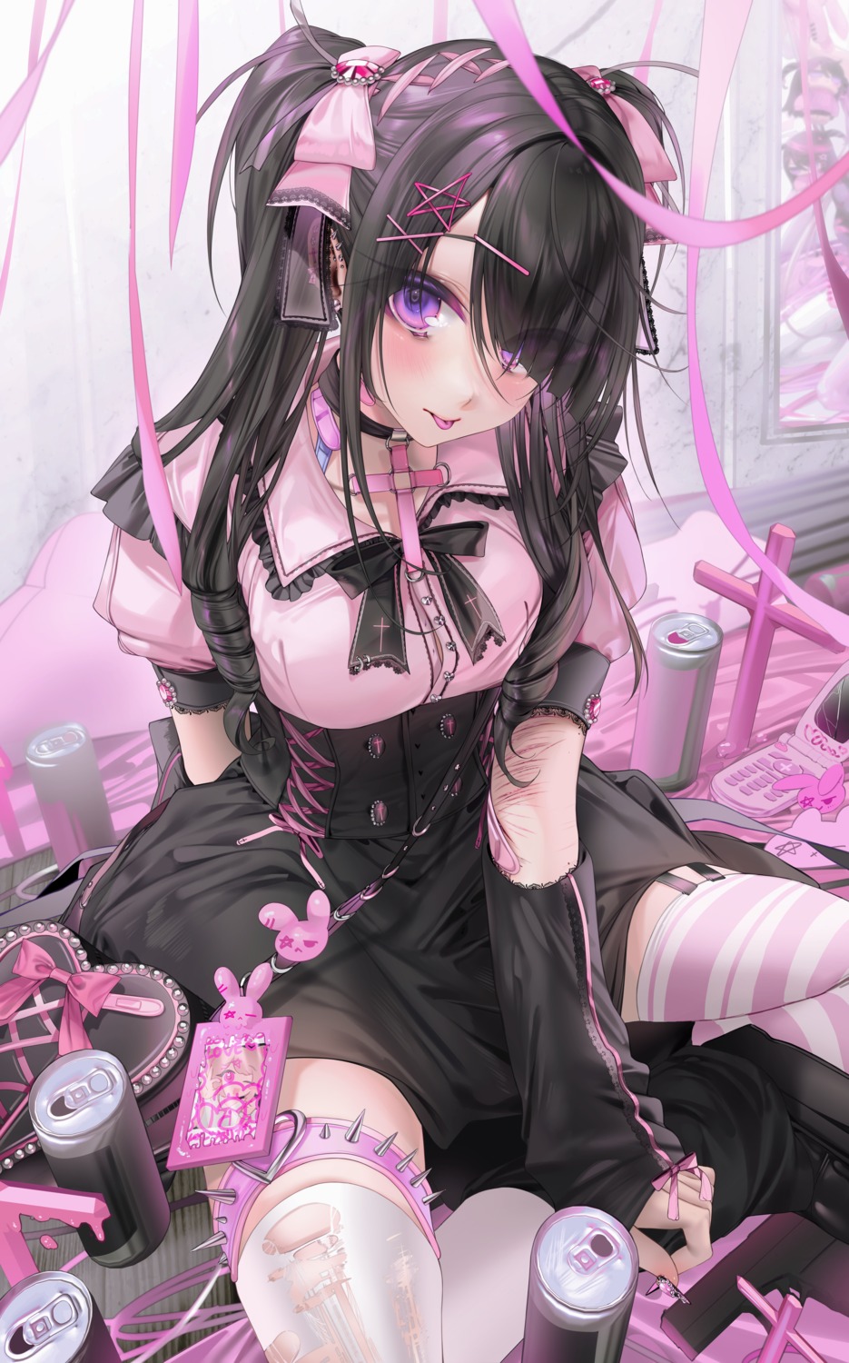 bandaid corset garter stockings thighhighs torn_clothes unxi violeta_(unxi)