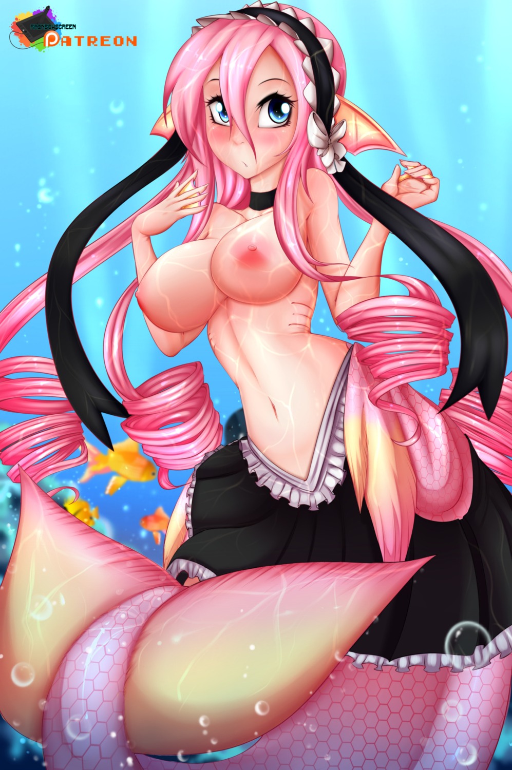 maid mermaid meroune_lorelei monster_girl monster_musume_no_iru_nichijou nipples rainbowscreen tail topless