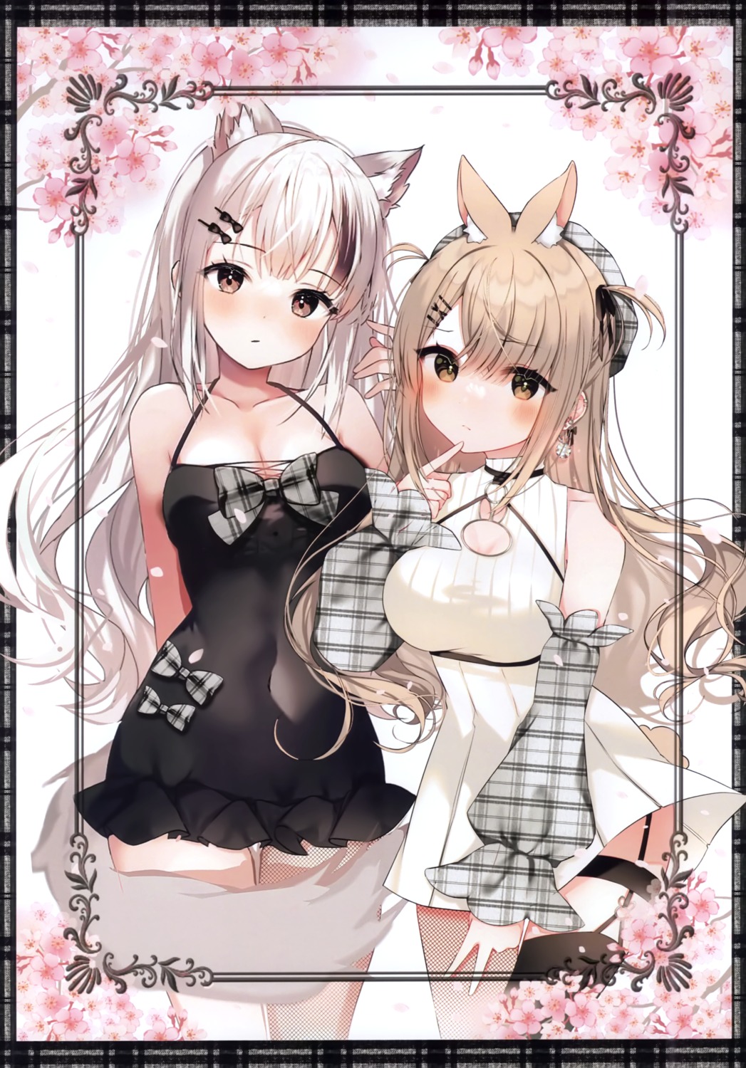 animal_ears bono_(bonobono) bonobono bunny_ears dress fishnets garter kitsune skirt_lift stockings sweater tail thighhighs