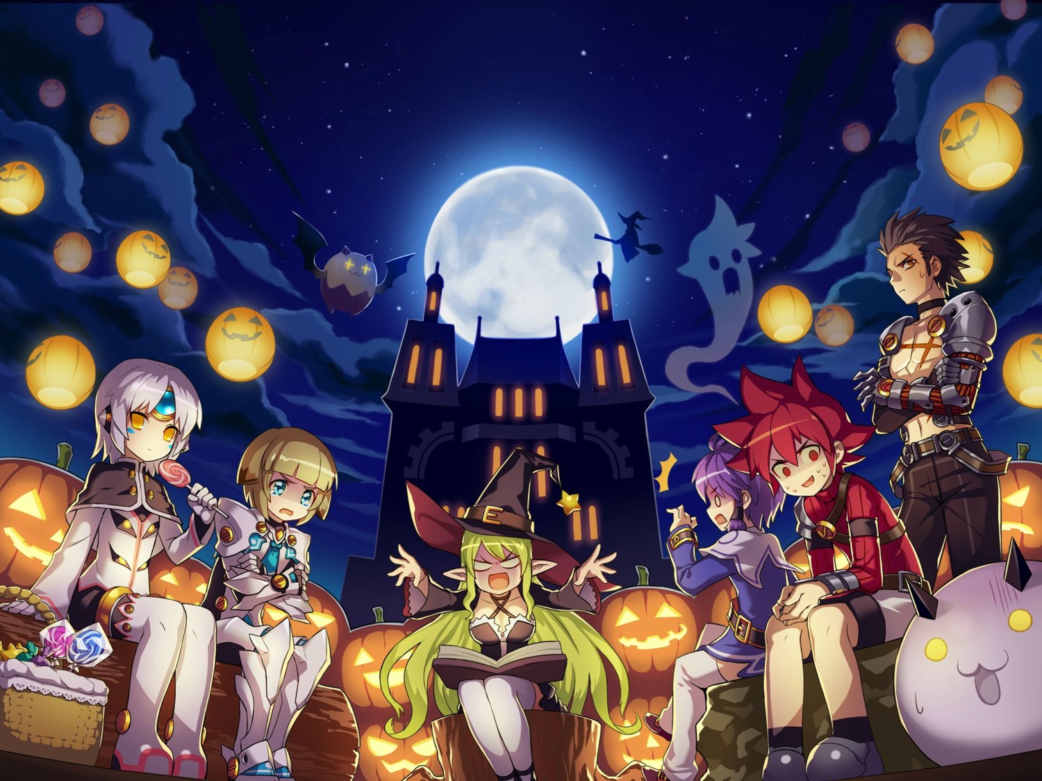 aisha_(elsword) armor chung_(elsword) cleavage elsword elsword_(elsword) eve_(elsword) halloween landscape pointy_ears raven_(elsword) rena_(elsword) tagme thighhighs witch