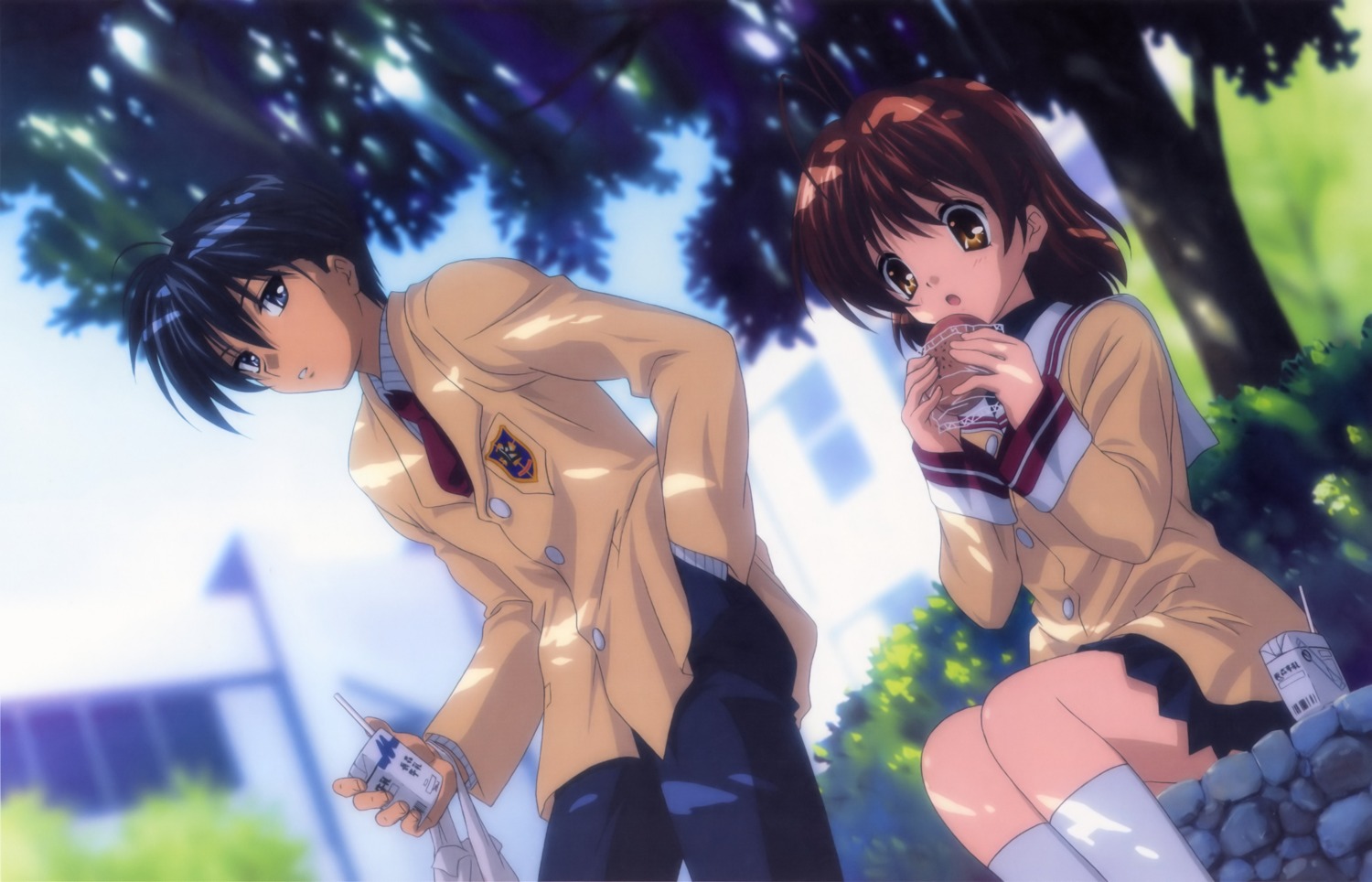 clannad furukawa_nagisa ikeda_kazumi okazaki_tomoya seifuku