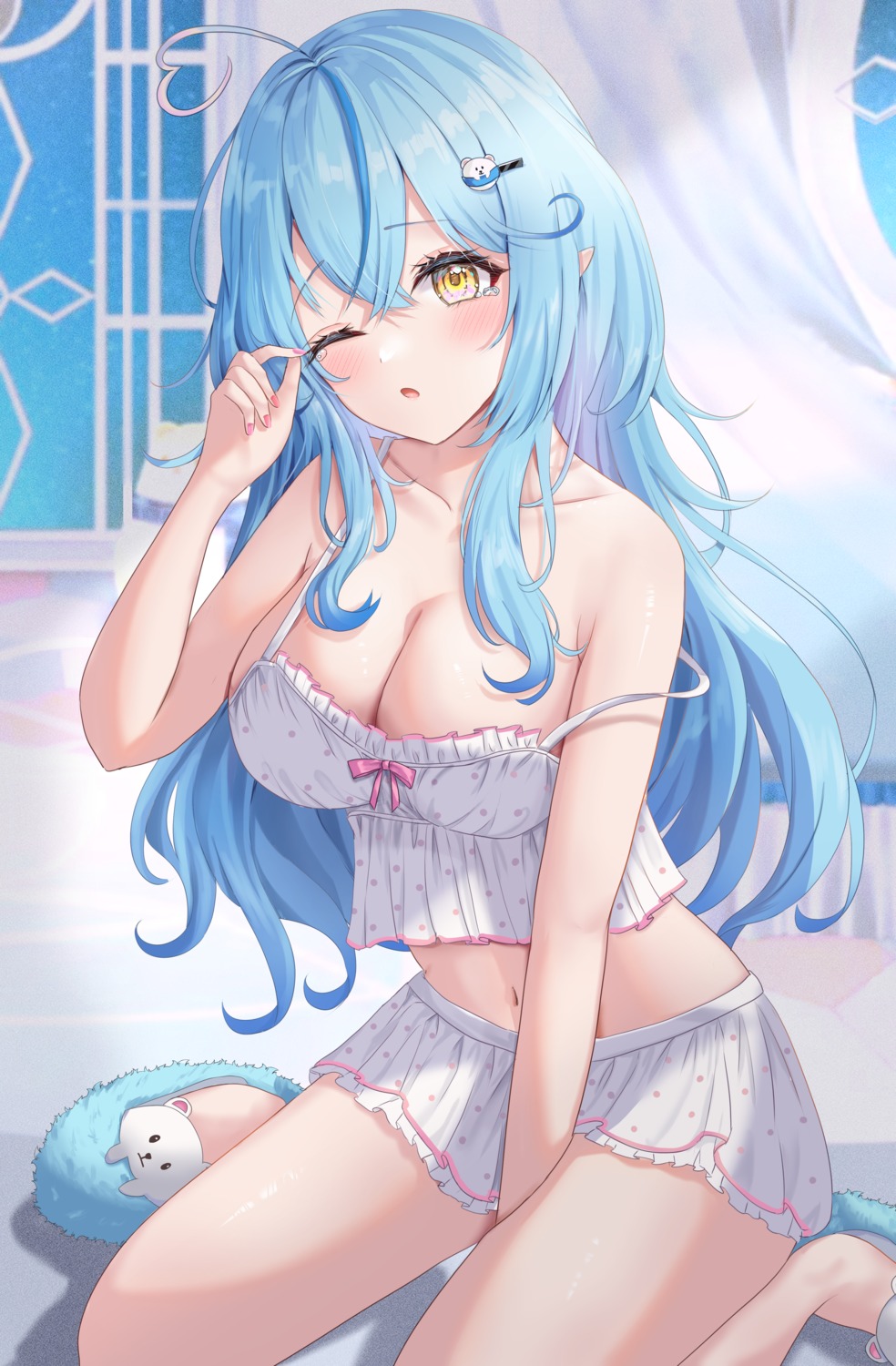 hololive lingerie pointy_ears uni_ikura_(un1kura) wardrobe_malfunction yukihana_lamy